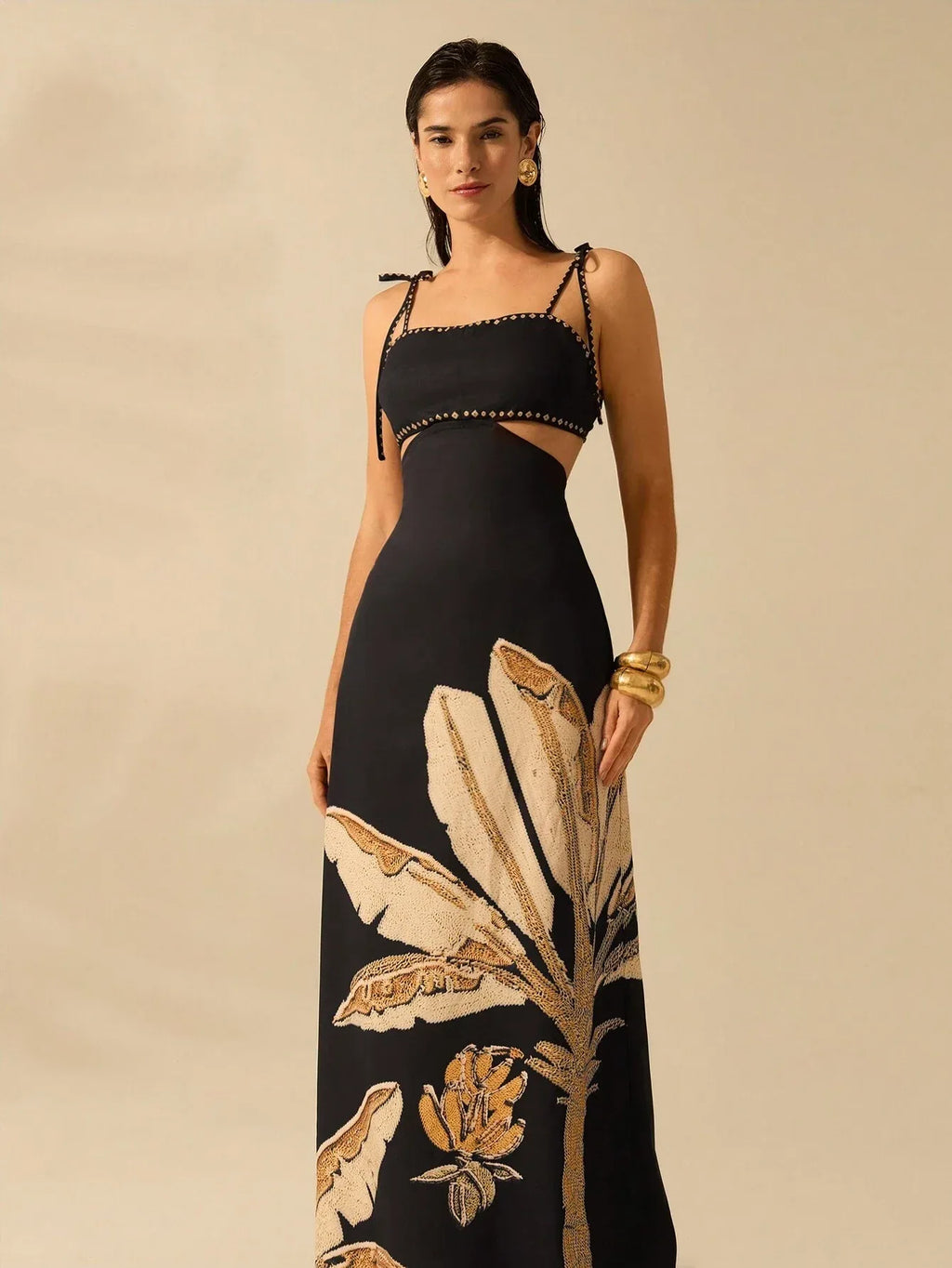 Vestido Longo Feminino Boho Floral Amarração Cintura Casual