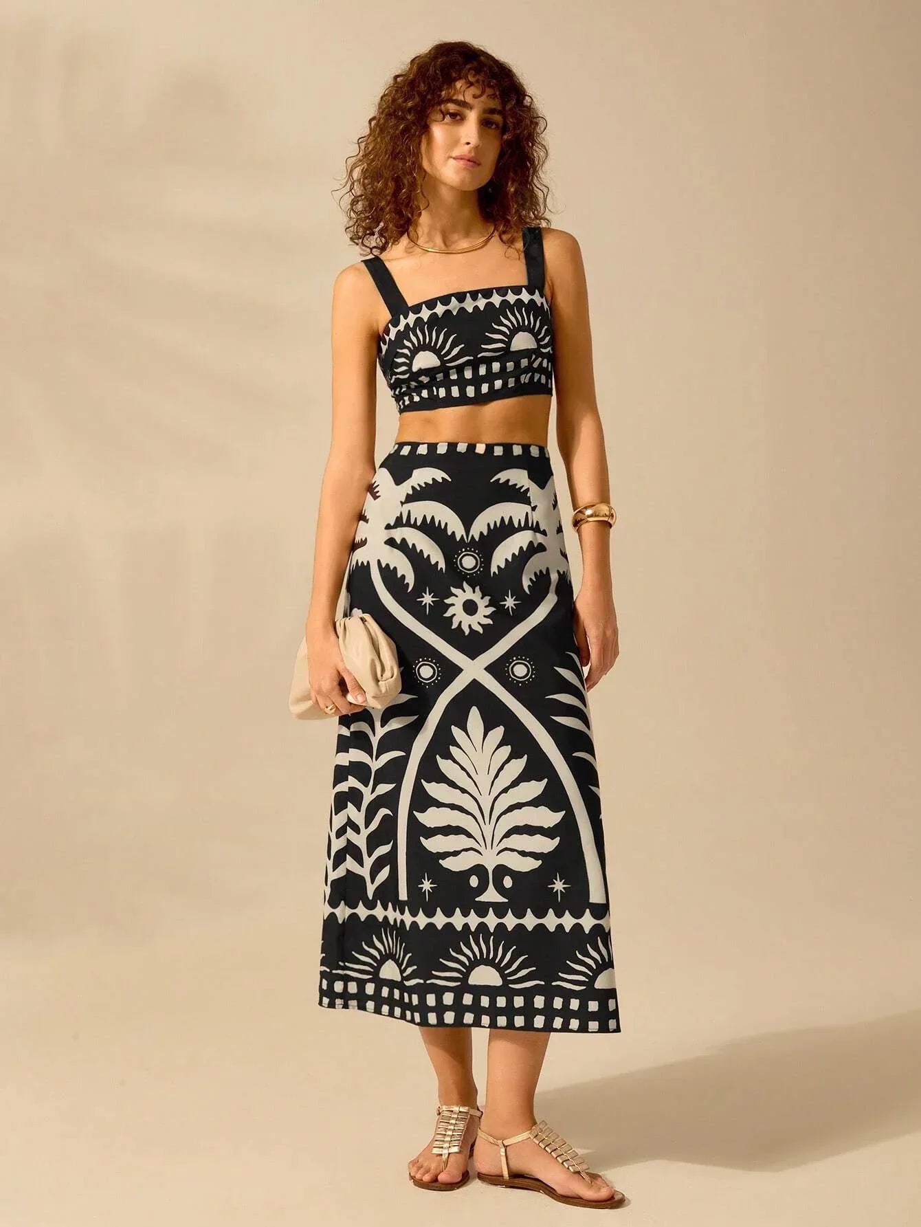 Conjunto Feminino Cropped Saia Longa Estampa Tropical Boho Casual Verão P M G GG