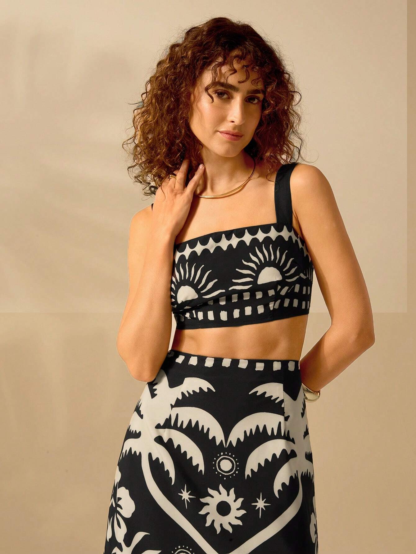 Conjunto Feminino Cropped Saia Longa Estampa Tropical Boho Casual Verão P M G GG