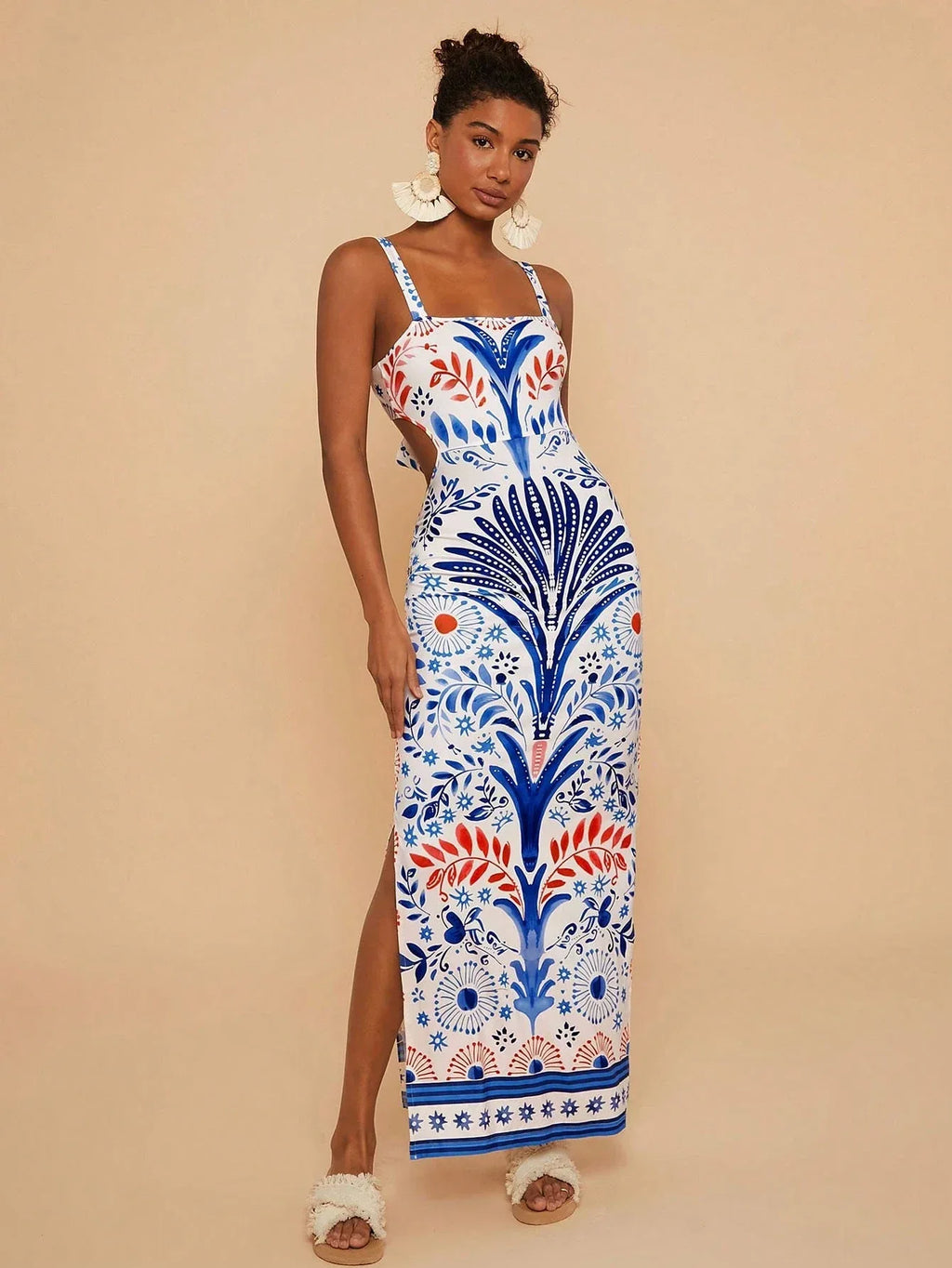 Vestido Feminino Tricot Estampado Corpete Alça Fina Recorte na Cintura Casual