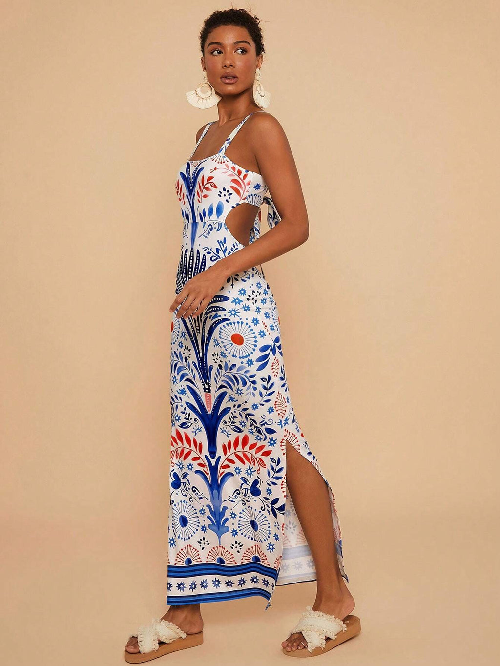Vestido Feminino Tricot Estampado Corpete Alça Fina Recorte na Cintura Casual