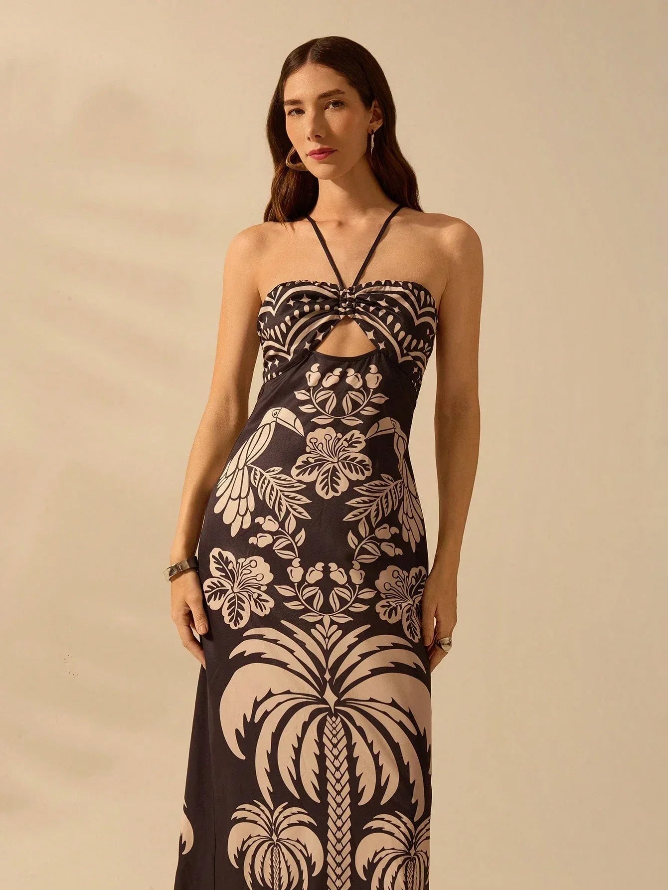 Vestido Feminino Longo Casual Boho Tropical Estampado Floral com Fenda Verão