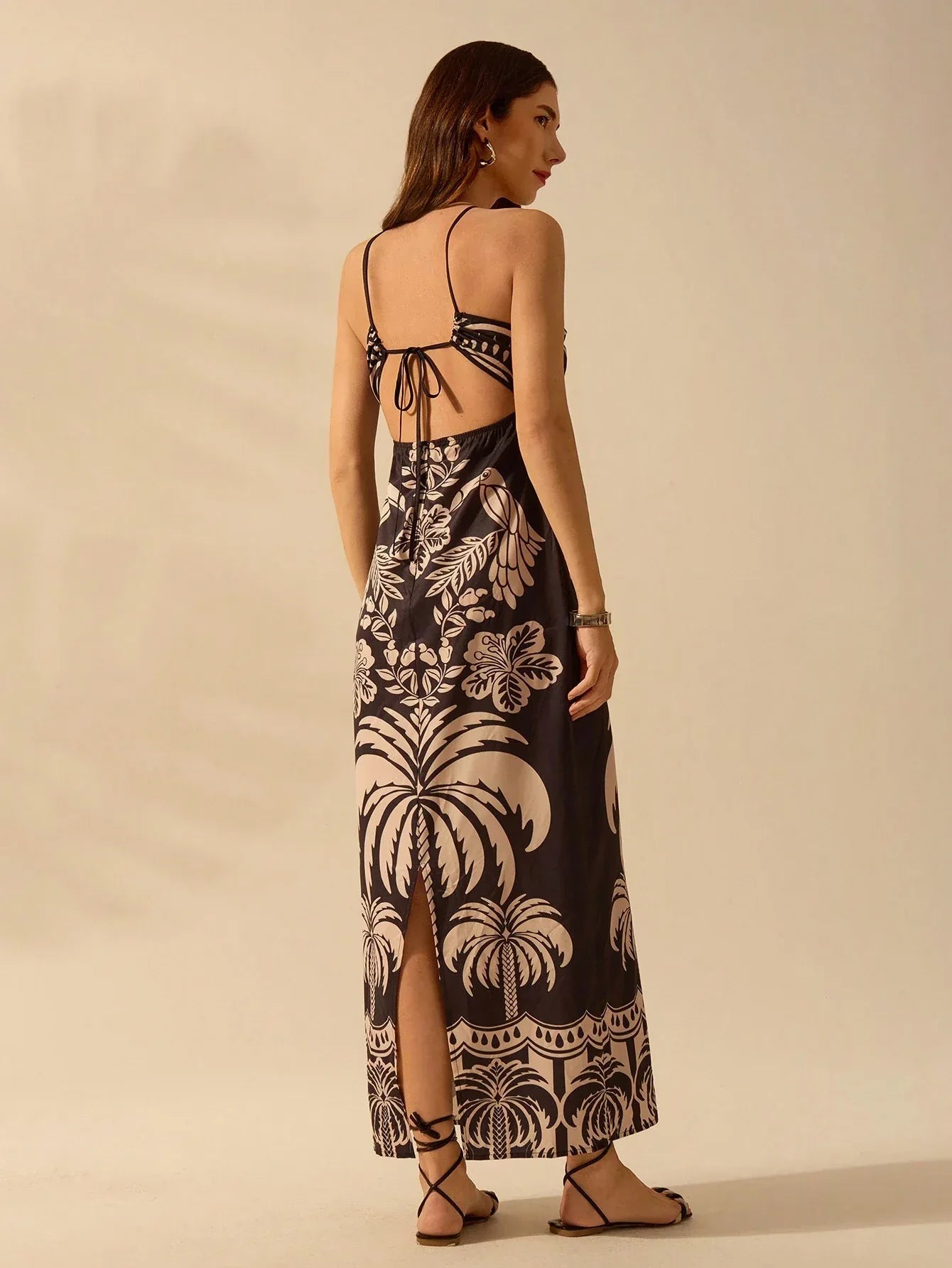 Vestido Feminino Longo Casual Boho Tropical Estampado Floral com Fenda Verão