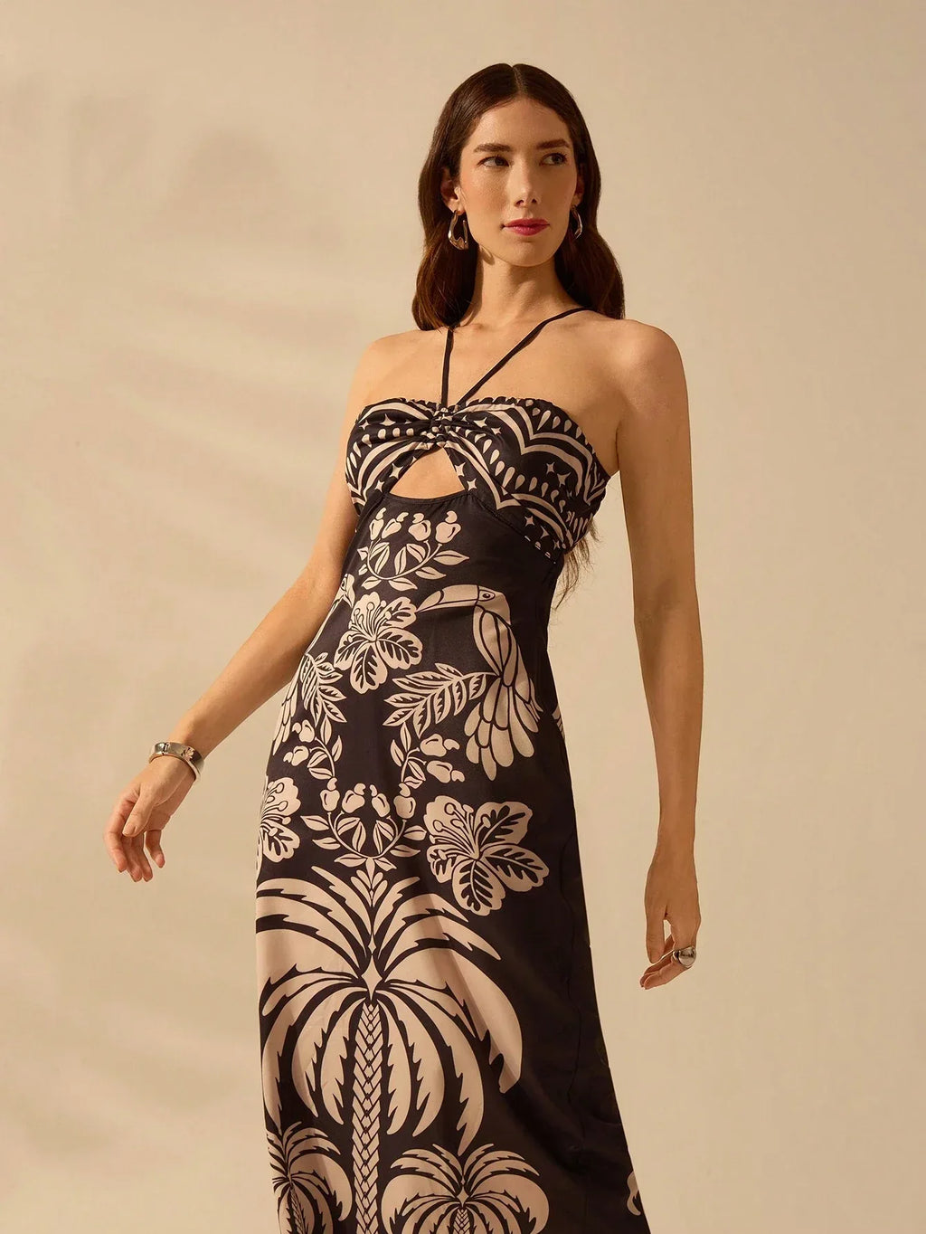 Vestido Feminino Longo Casual Boho Tropical Estampado Floral com Fenda Verão