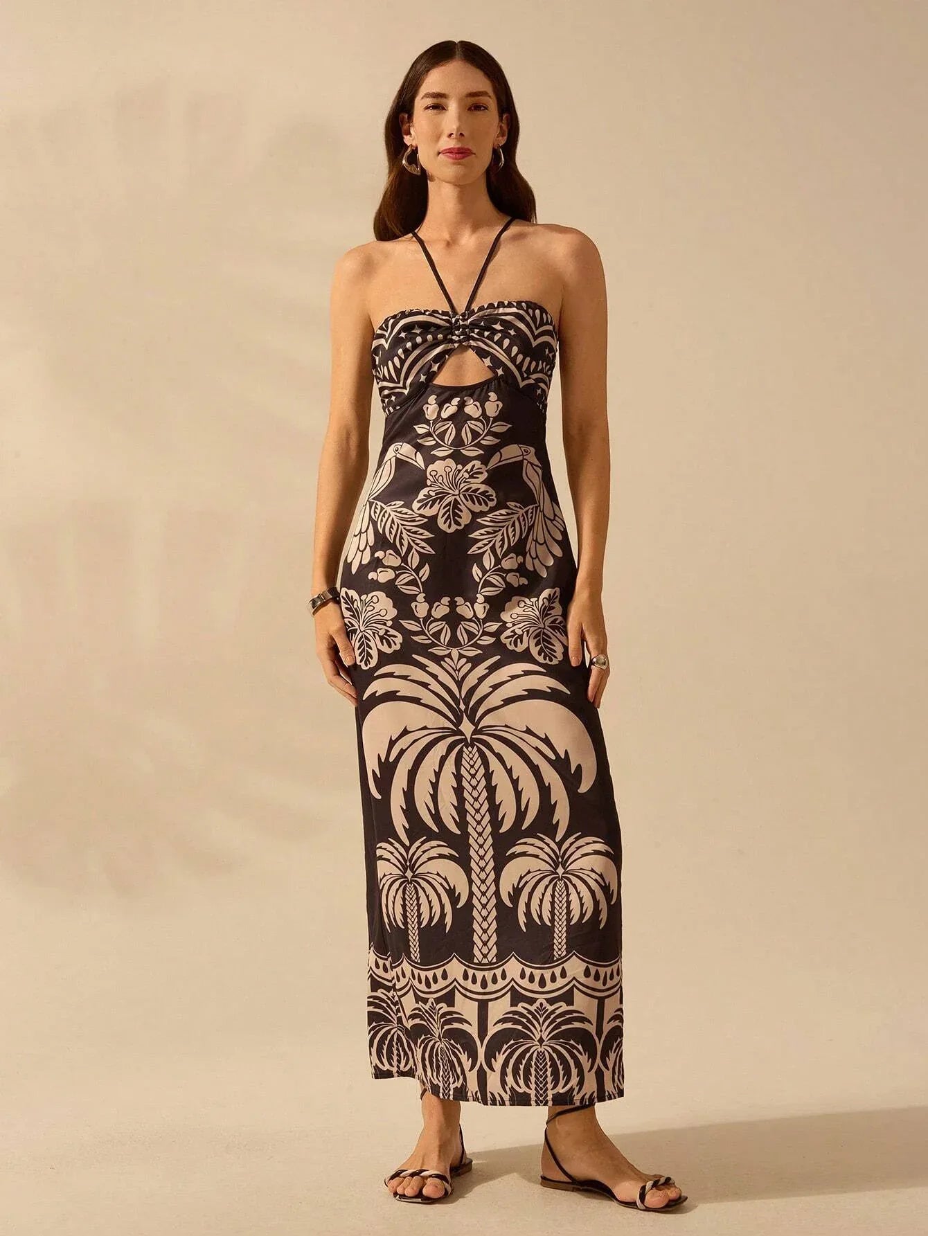 Vestido Feminino Longo Casual Boho Tropical Estampado Floral com Fenda Verão