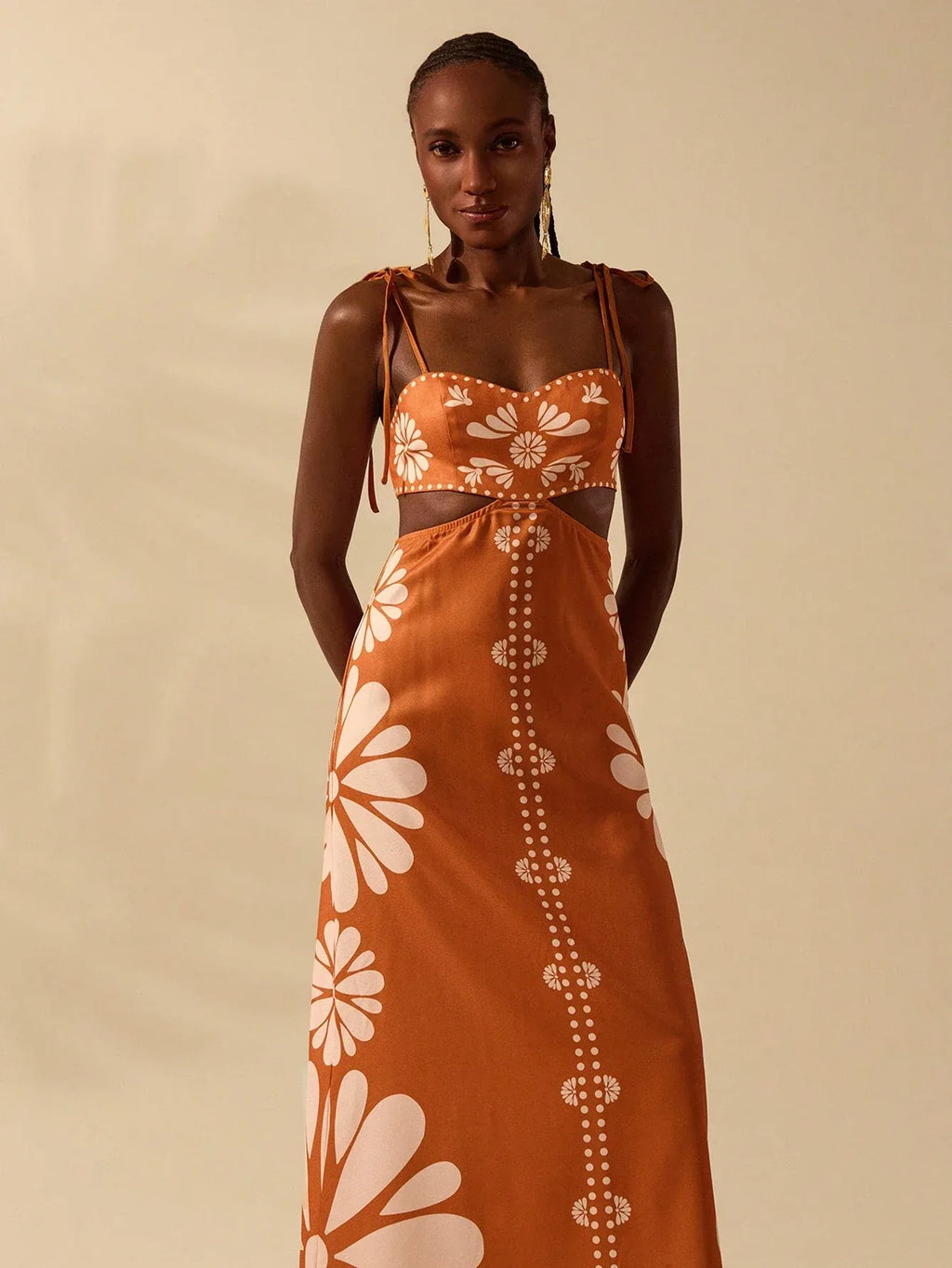 Vestido Longo Feminino Boêmio Tropical Laranja Sem Mangas Amarração Casual Verão