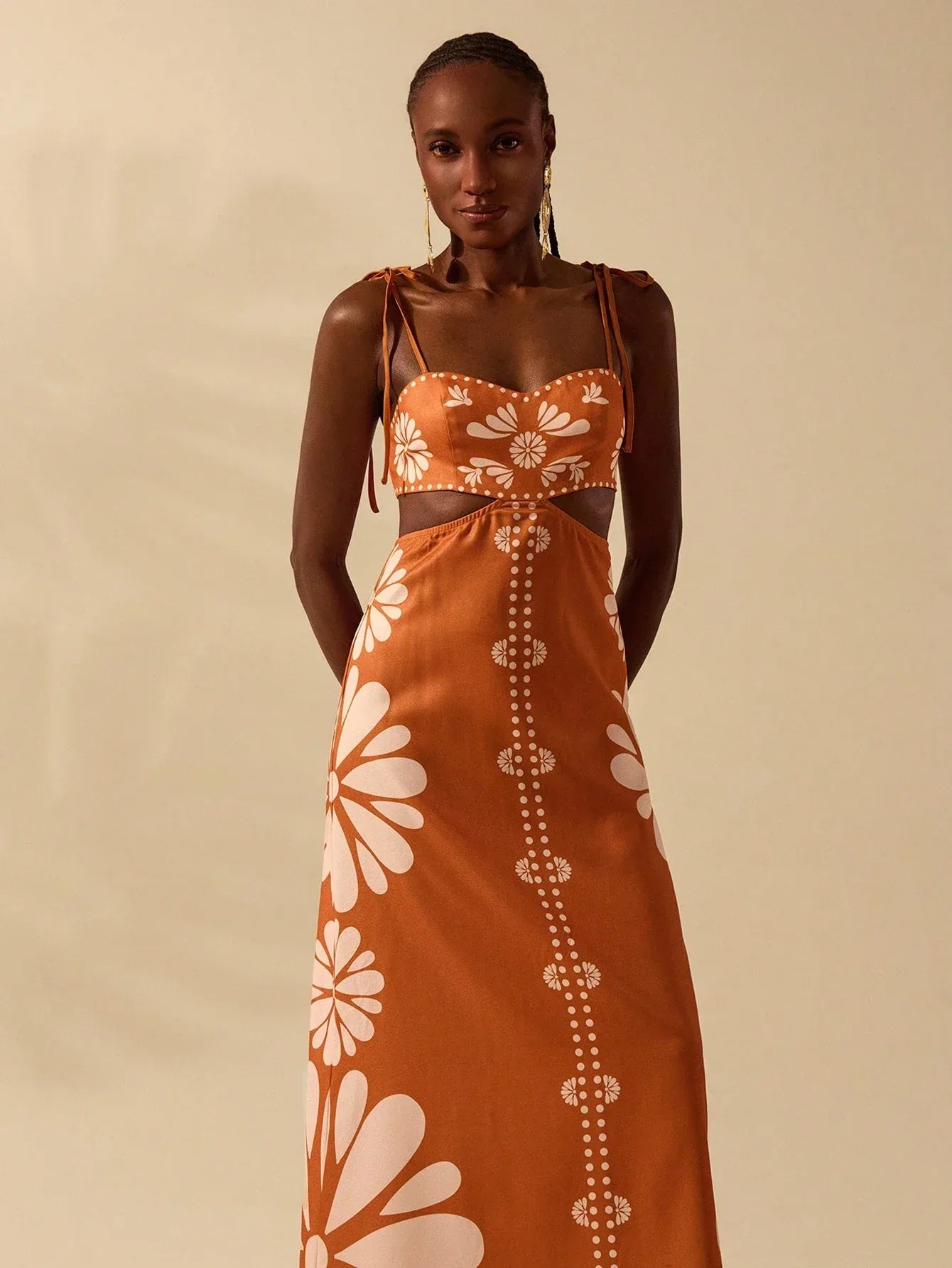 Vestido Longo Feminino Boêmio Tropical Laranja Sem Mangas Amarração Casual Verão