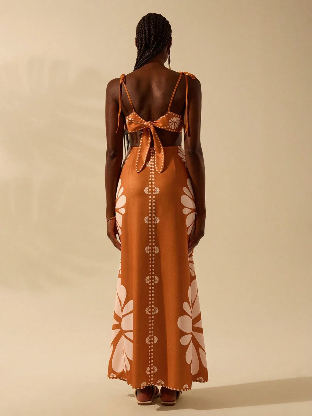 Vestido Longo Feminino Boêmio Tropical Laranja Sem Mangas Amarração Casual Verão