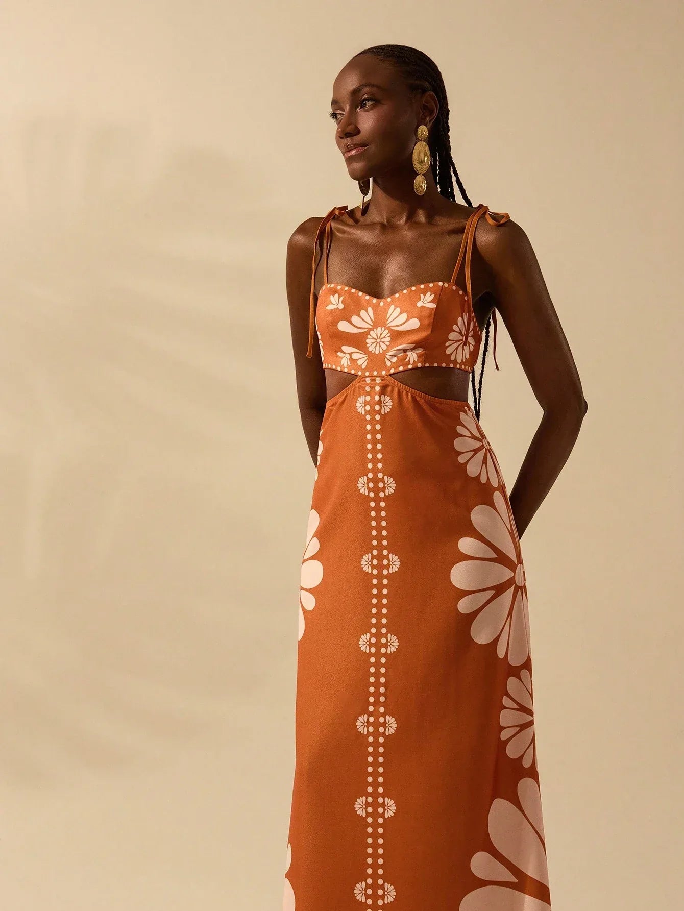 Vestido Longo Feminino Boêmio Tropical Laranja Sem Mangas Amarração Casual Verão