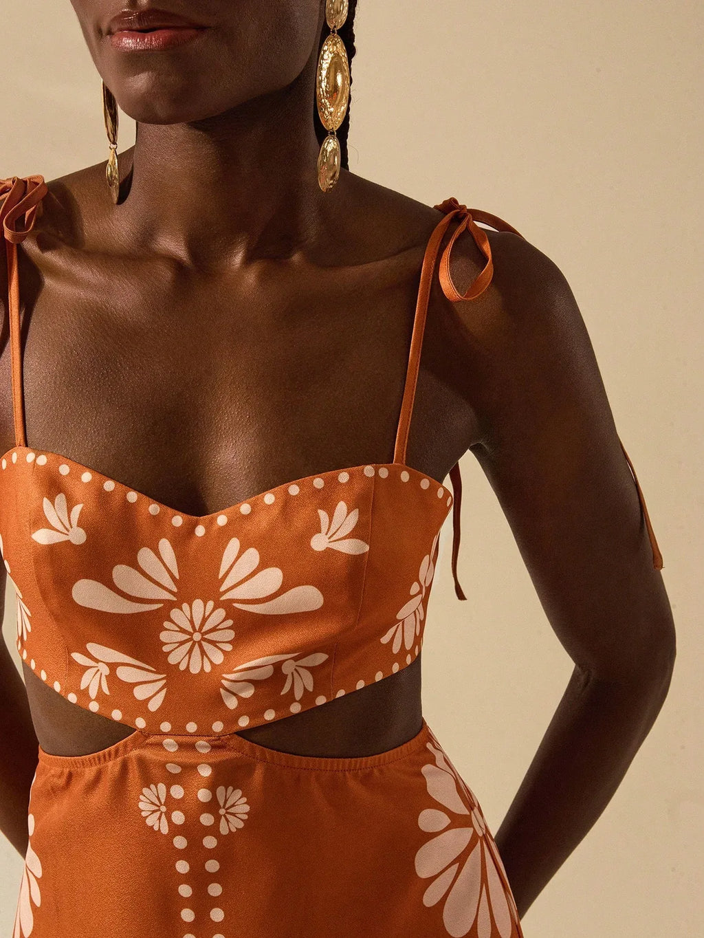 Vestido Longo Feminino Boêmio Tropical Laranja Sem Mangas Amarração Casual Verão