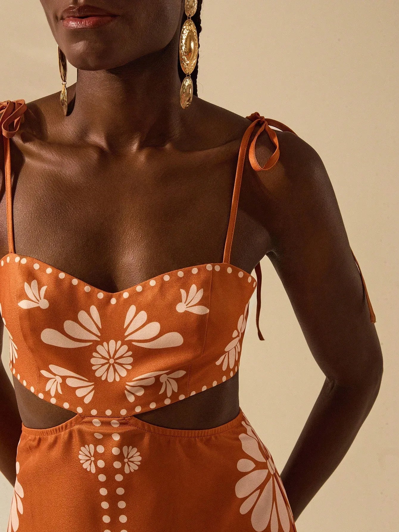 Vestido Longo Feminino Boêmio Tropical Laranja Sem Mangas Amarração Casual Verão