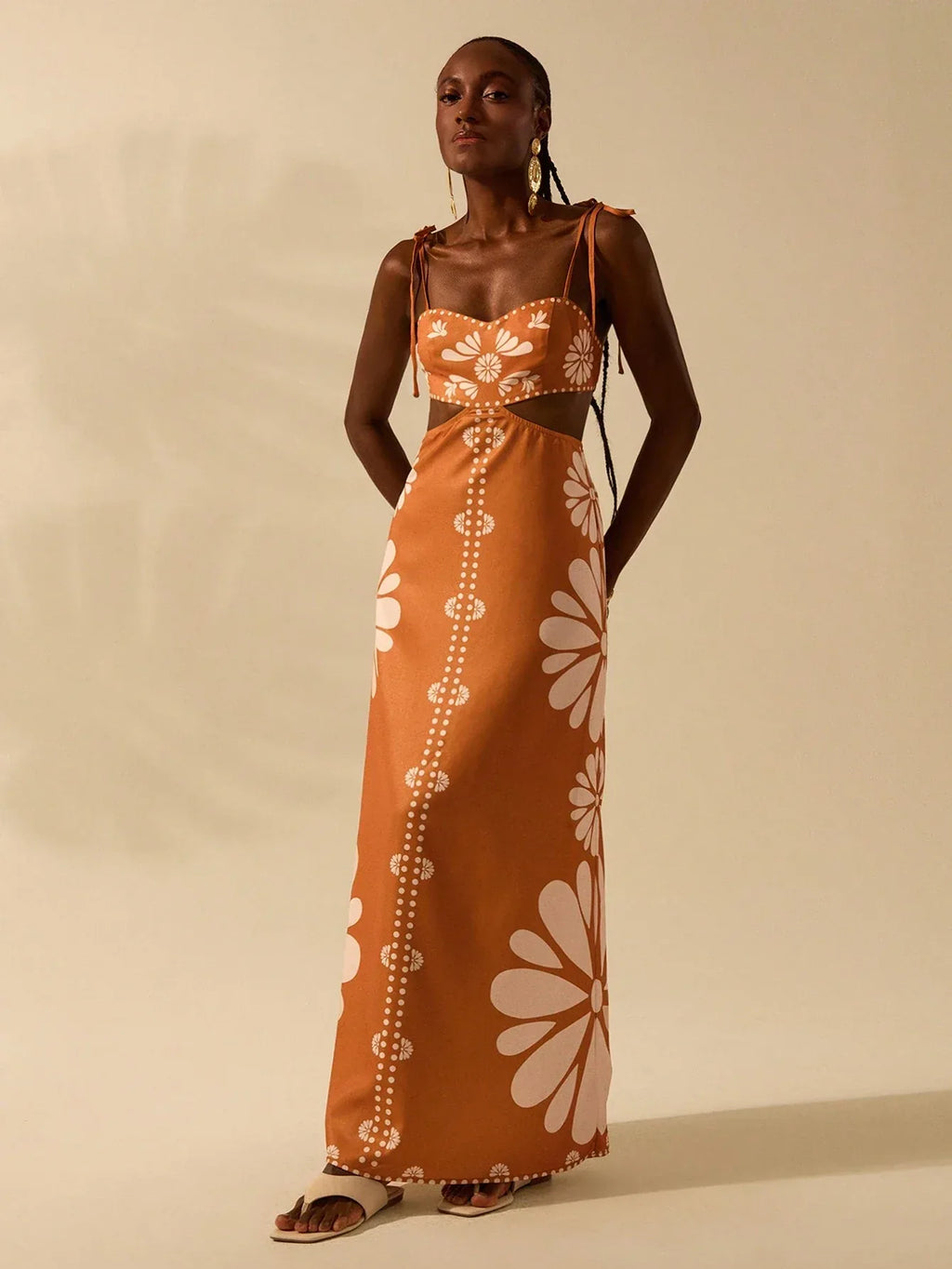 Vestido Longo Feminino Boêmio Tropical Laranja Sem Mangas Amarração Casual Verão