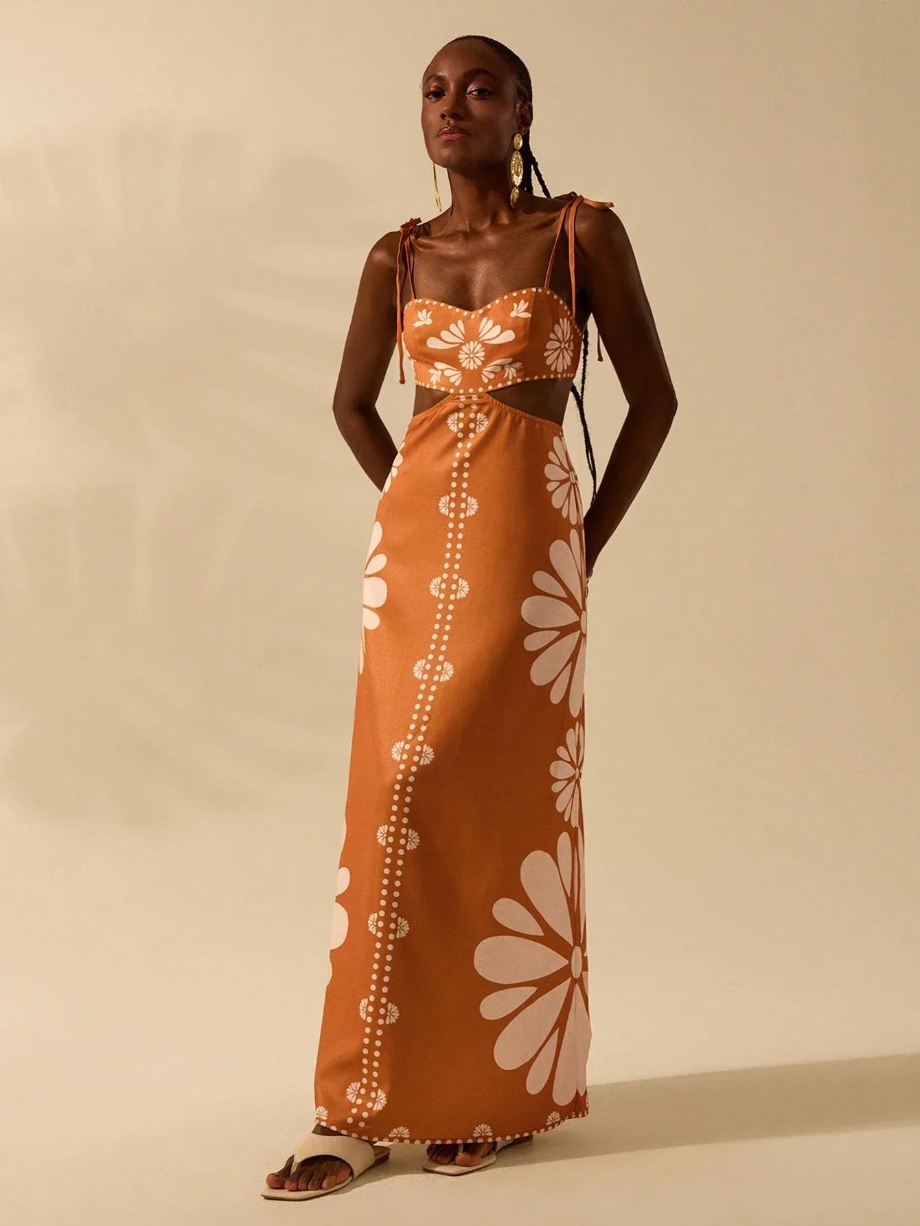 Vestido Longo Feminino Boêmio Tropical Laranja Sem Mangas Amarração Casual Verão
