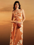 Vestido Longo Feminino Boêmio Tropical Laranja Sem Mangas Amarração Casual Verão
