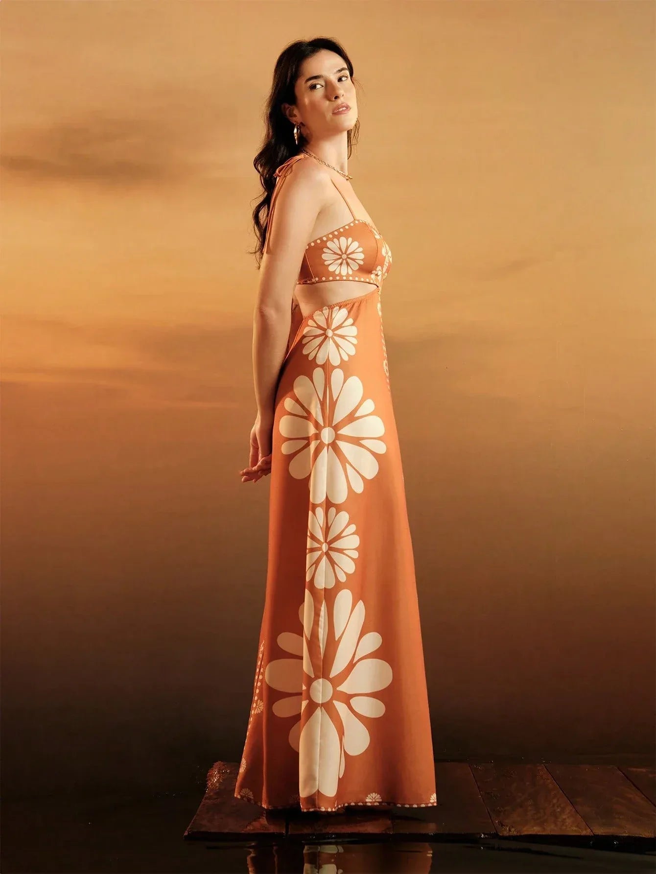 Vestido Longo Feminino Boêmio Tropical Laranja Sem Mangas Amarração Casual Verão