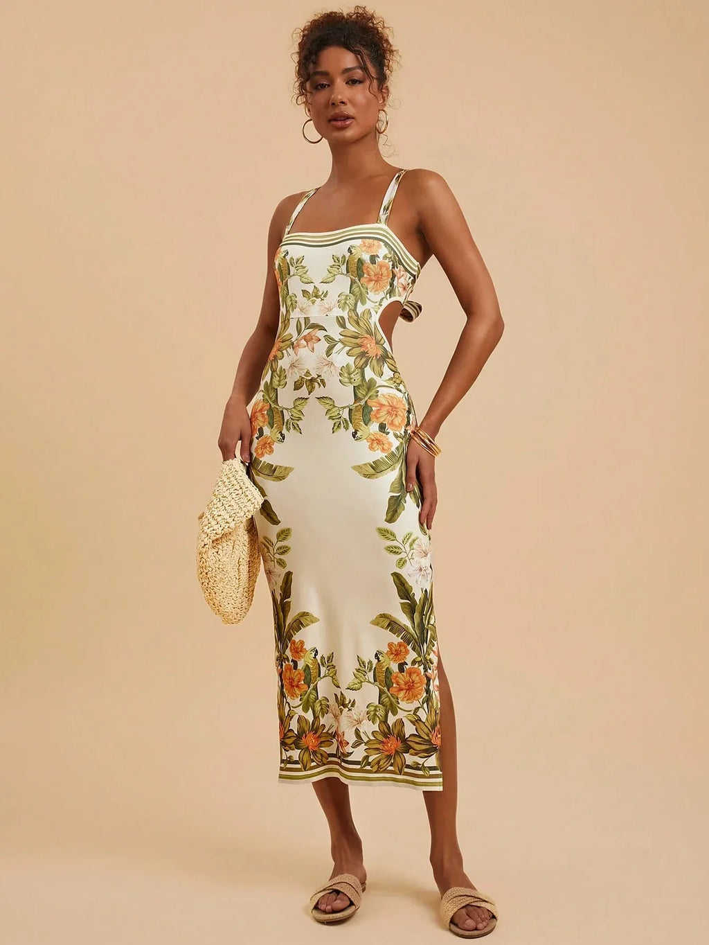 Vestido Feminino Floral Sem Manga Costas Abertas Casual Verão