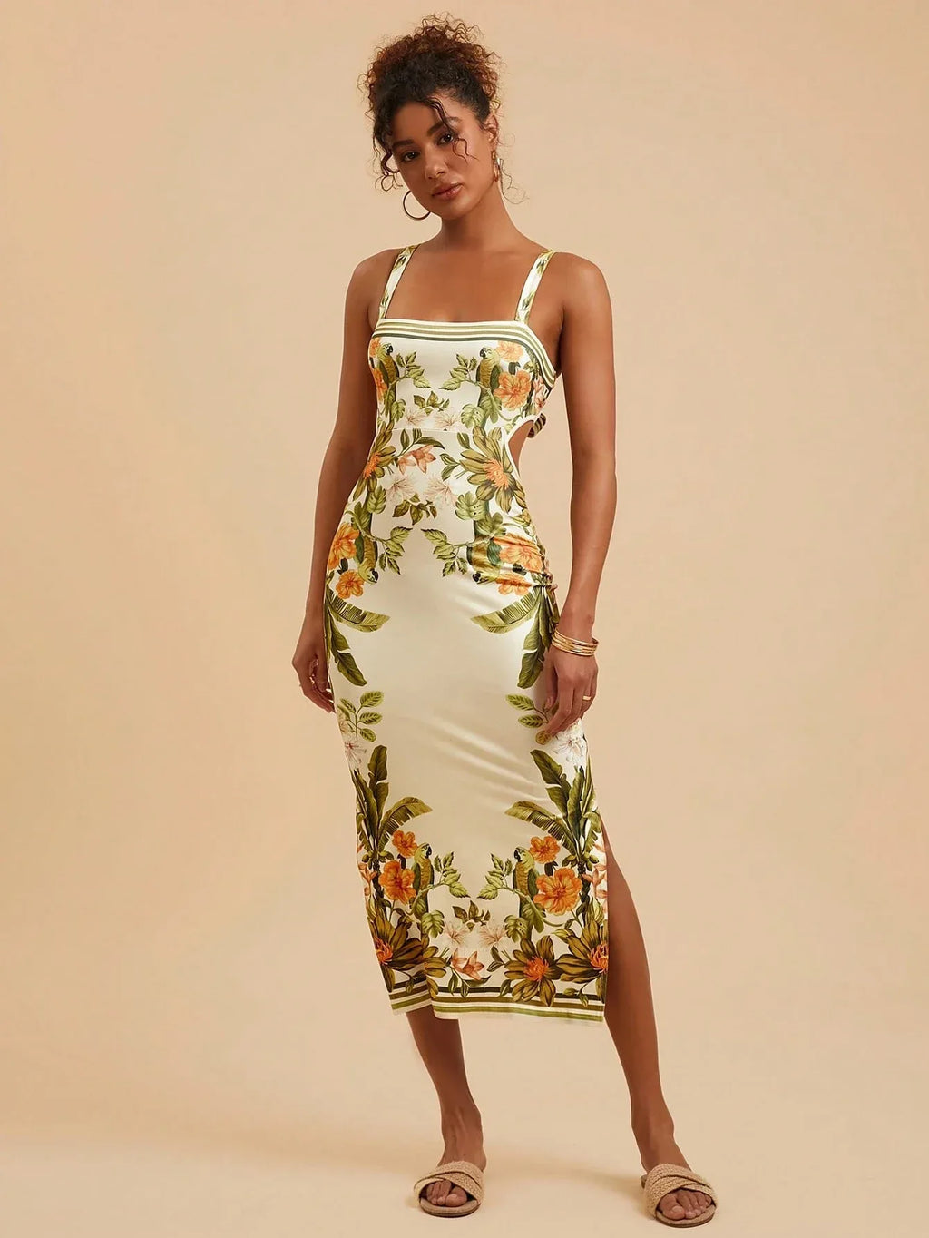 Vestido Feminino Floral Sem Manga Costas Abertas Casual Verão