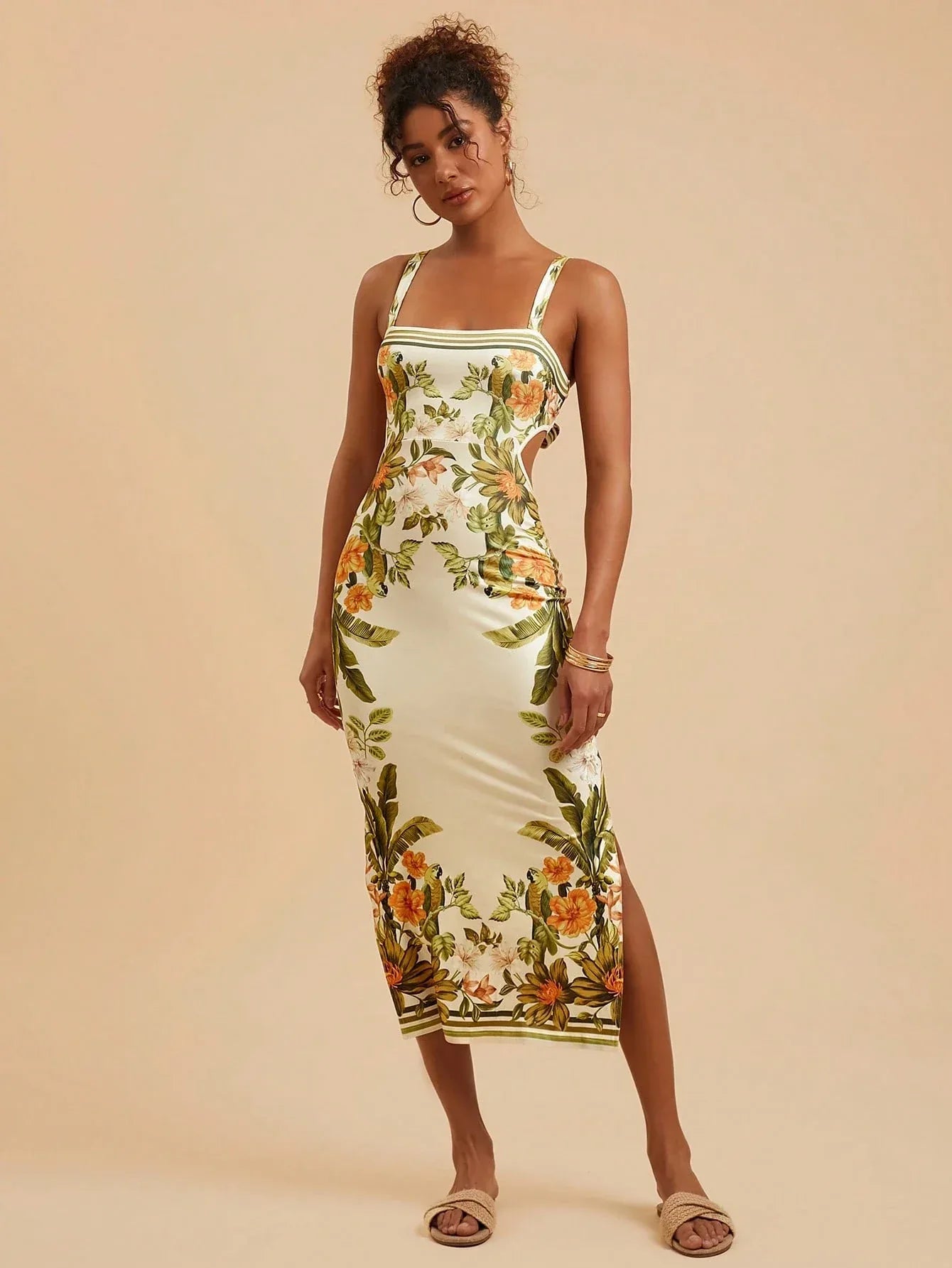 Vestido Feminino Floral Sem Manga Costas Abertas Casual Verão