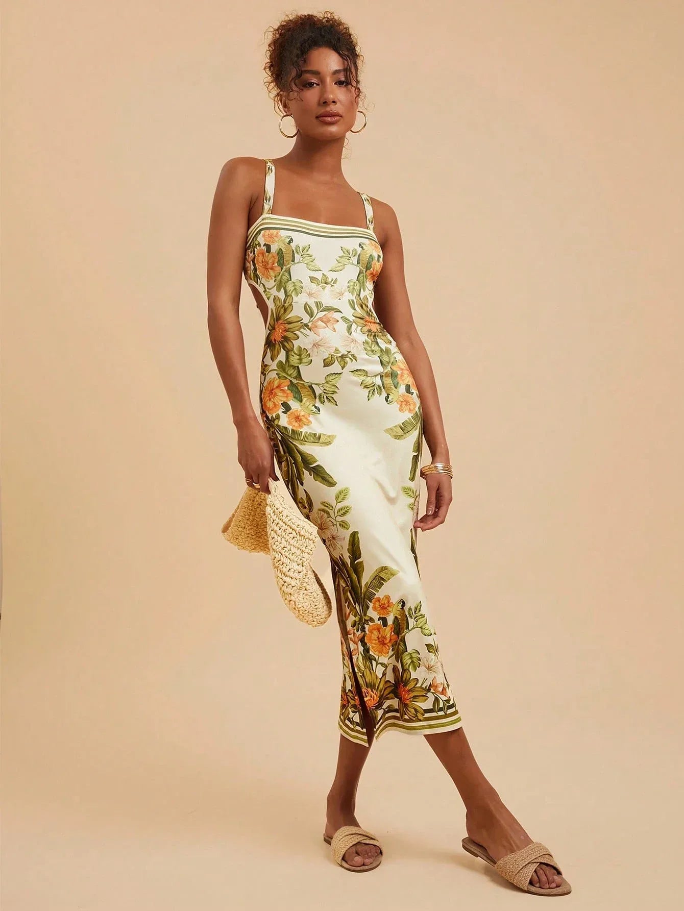 Vestido Feminino Floral Sem Manga Costas Abertas Casual Verão