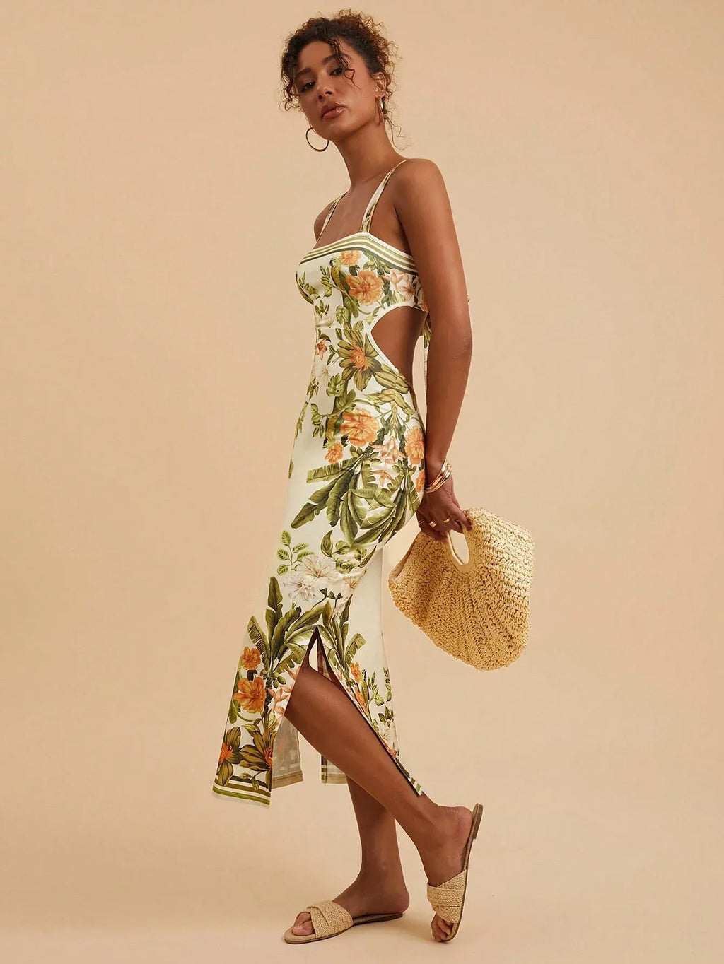 Vestido Feminino Floral Sem Manga Costas Abertas Casual Verão
