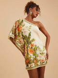 Vestido Feminino Curto Estampa Tropical Assimétrico Verão Moda Praia