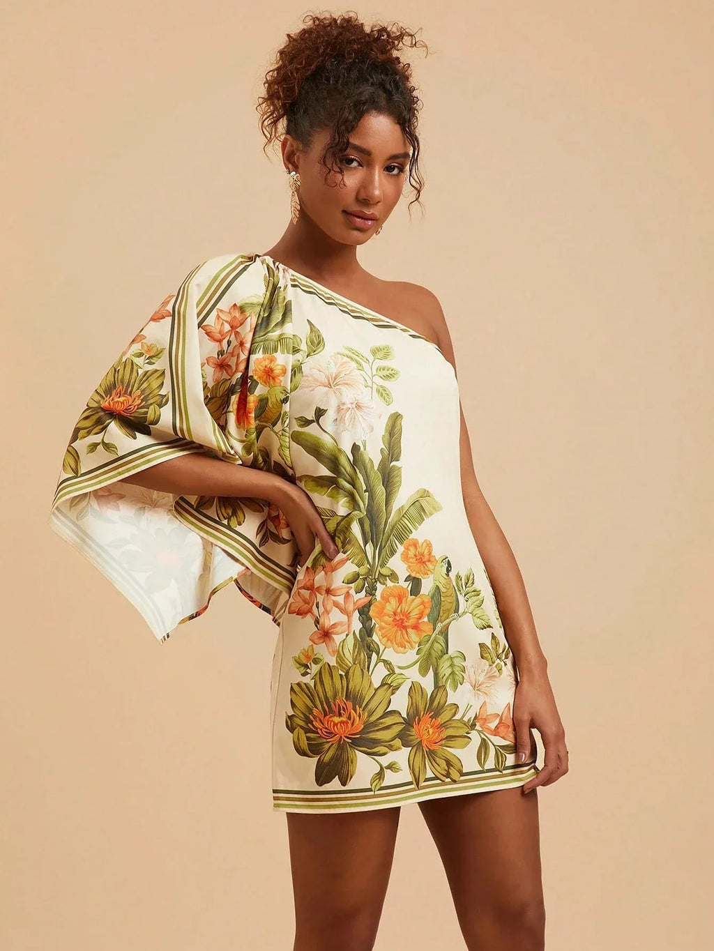 Vestido Feminino Curto Estampa Tropical Assimétrico Verão Moda Praia