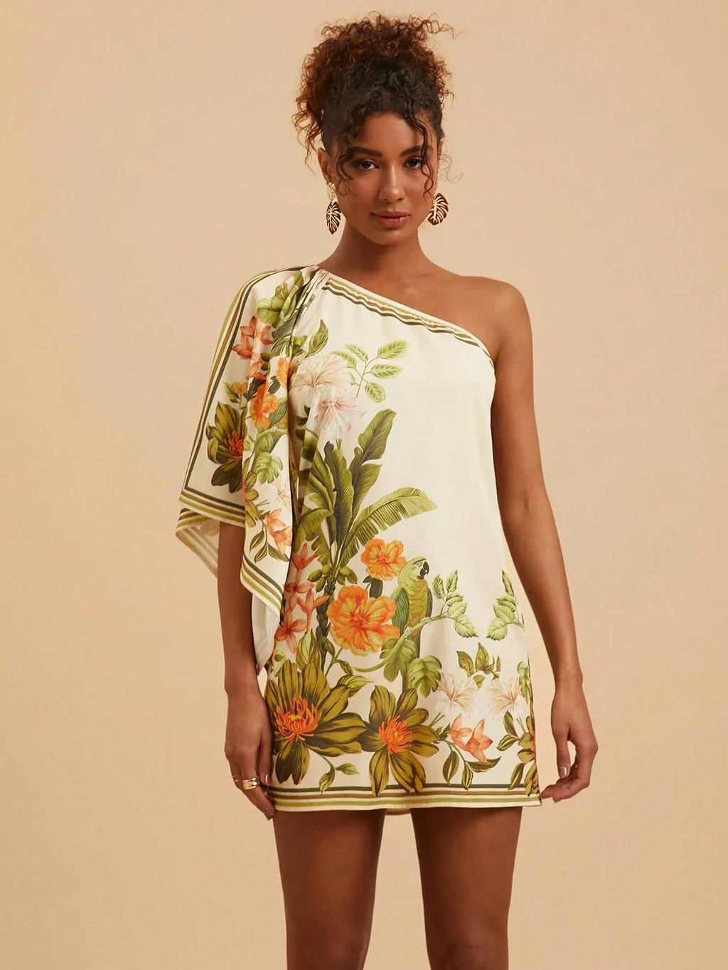 Vestido Feminino Curto Estampa Tropical Assimétrico Verão Moda Praia