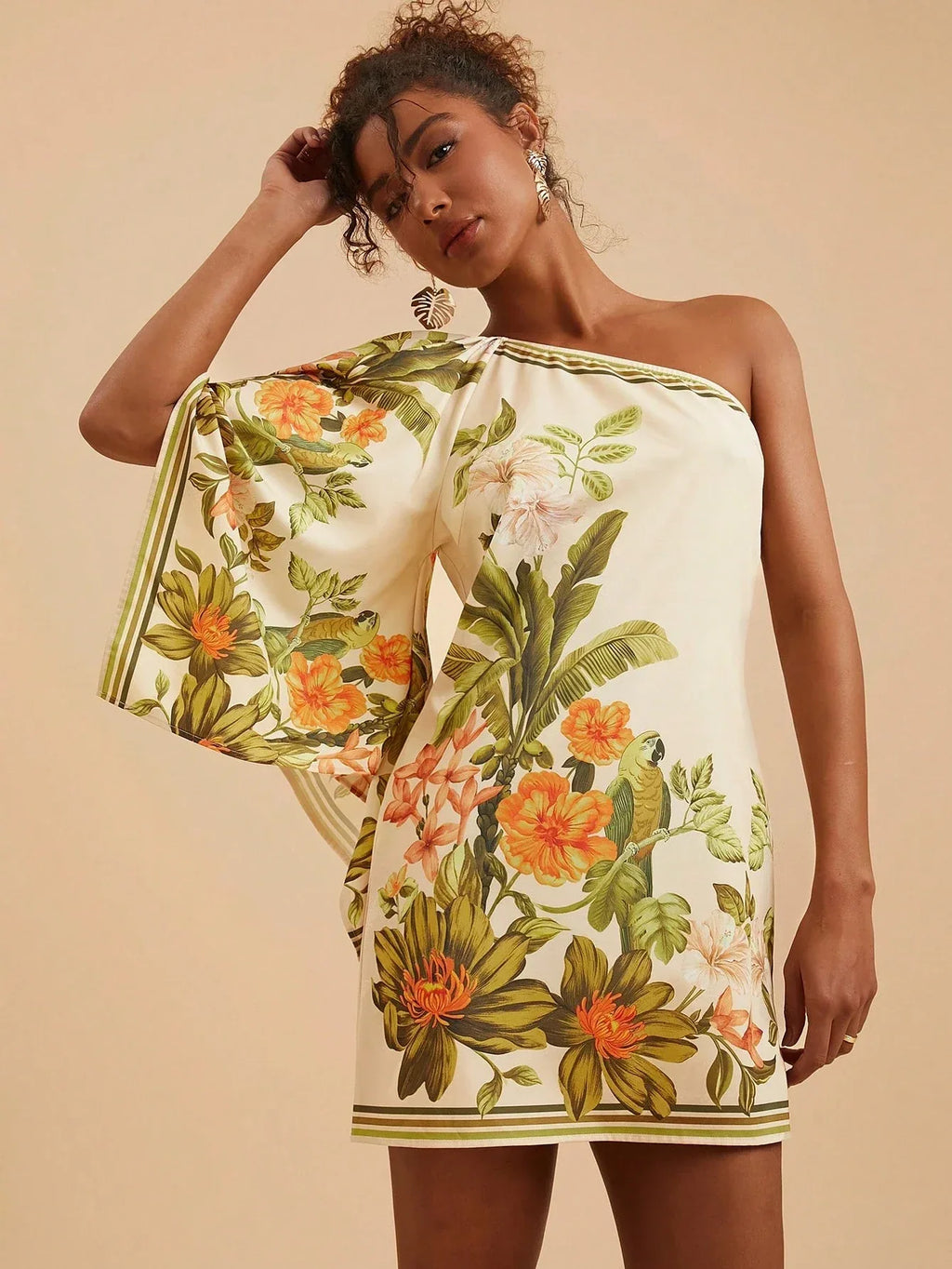 Vestido Feminino Curto Estampa Tropical Assimétrico Verão Moda Praia