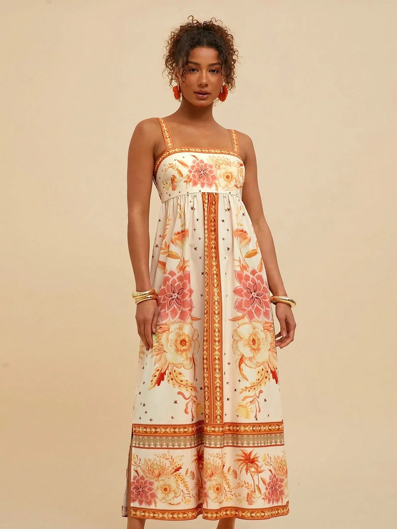 Vestido Feminino Floral Manga Curta Boho Praia Verão Casual