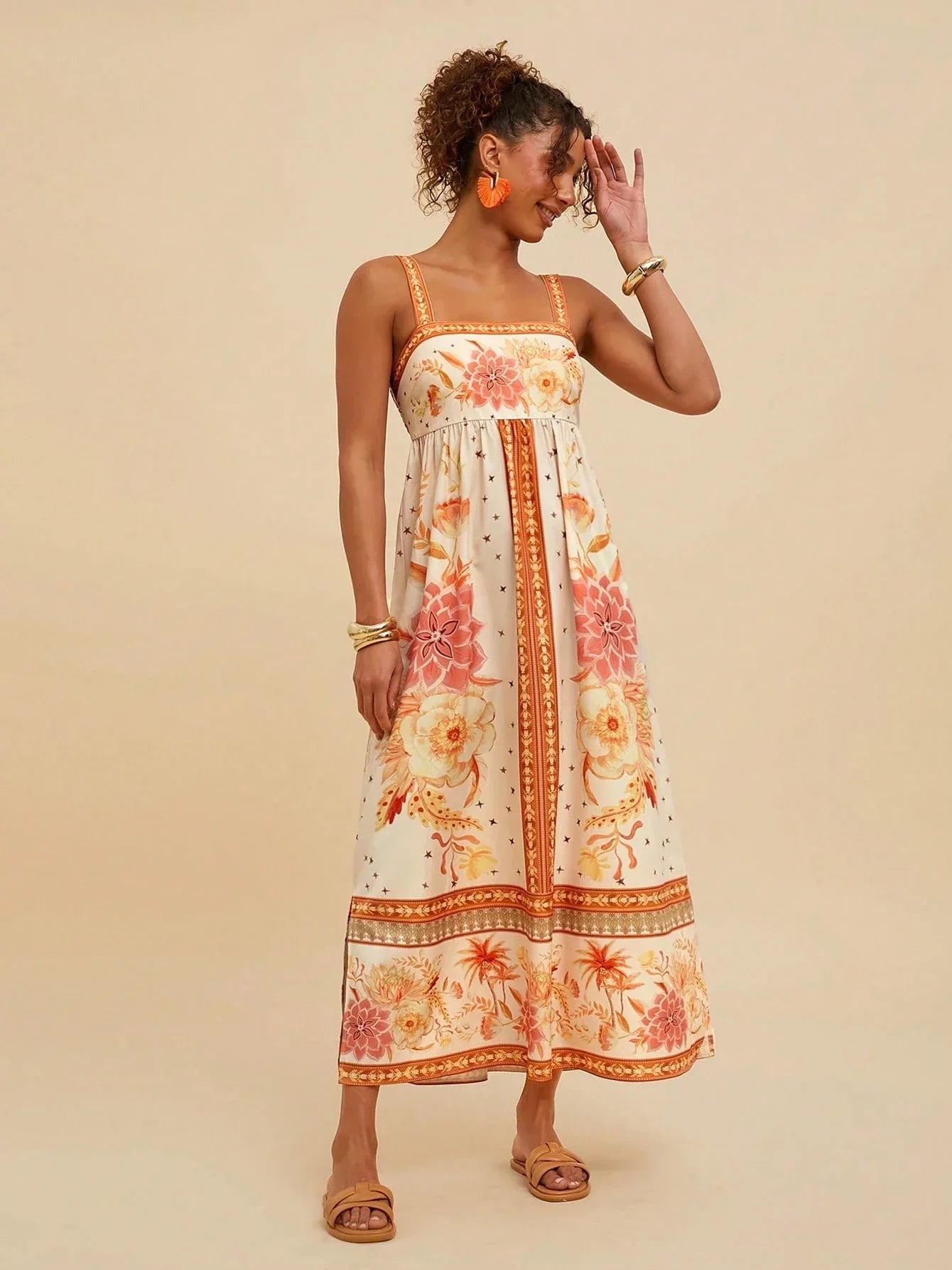 Vestido Feminino Floral Manga Curta Boho Praia Verão Casual