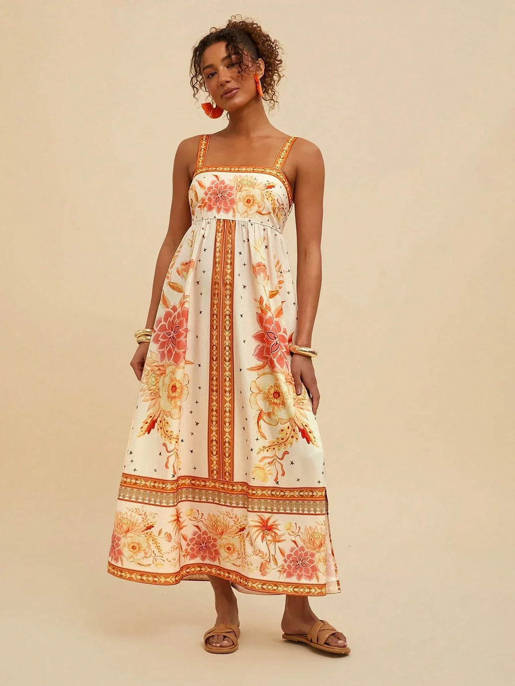 Vestido Feminino Floral Manga Curta Boho Praia Verão Casual