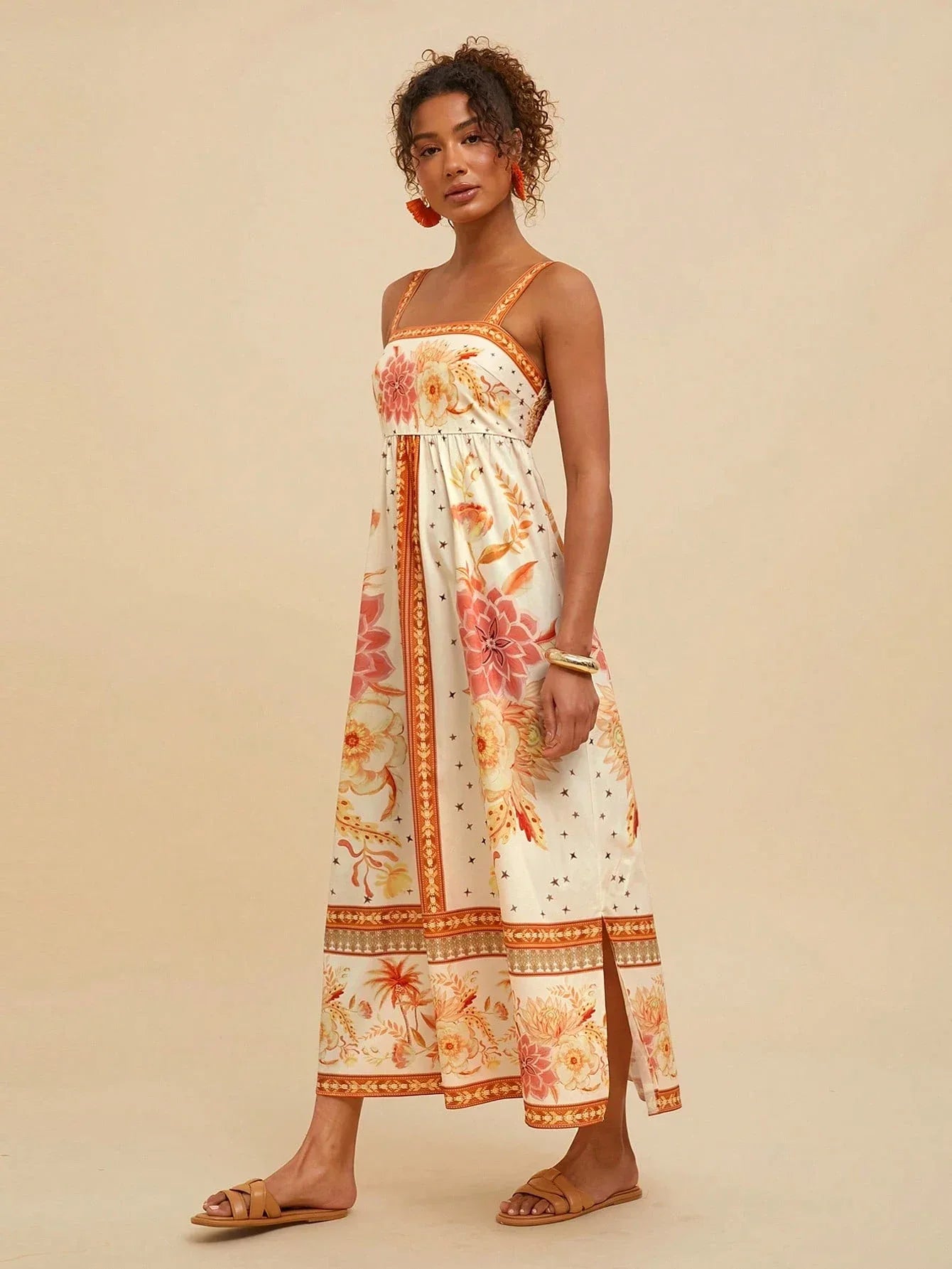 Vestido Feminino Floral Manga Curta Boho Praia Verão Casual