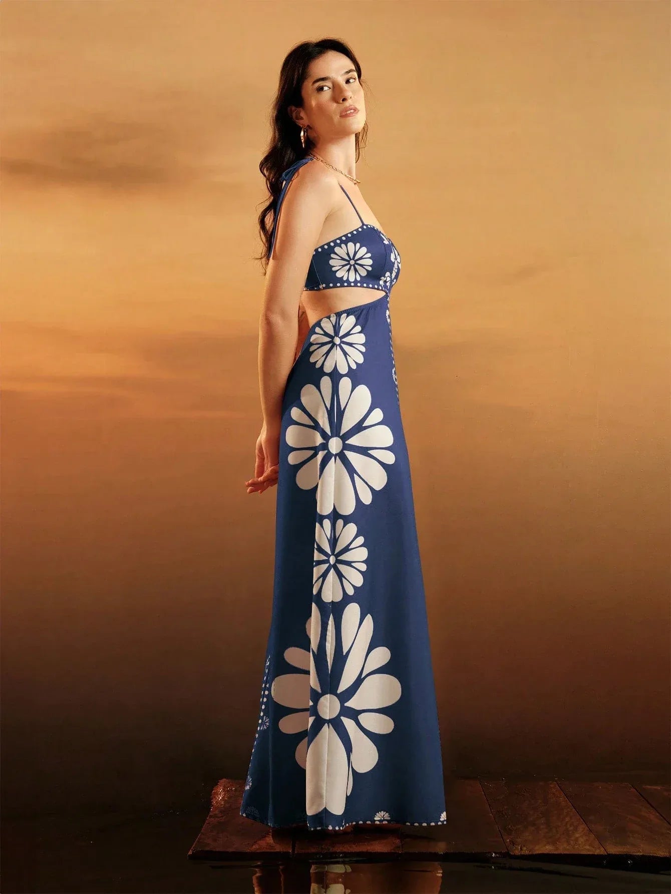 Vestido Feminino Longo Estampado Tropical Laranja Boho Praia Verão