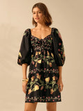 Vestido Curto Feminino Preto Floral Manga Bufante Nó Frontal