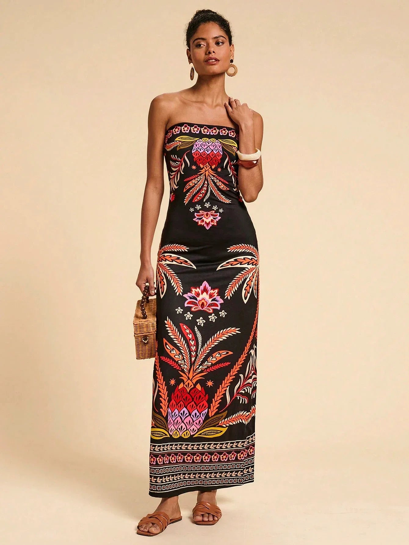 Vestido Feminino Bandeau Estampado Multicolorido Verão Praia Casual