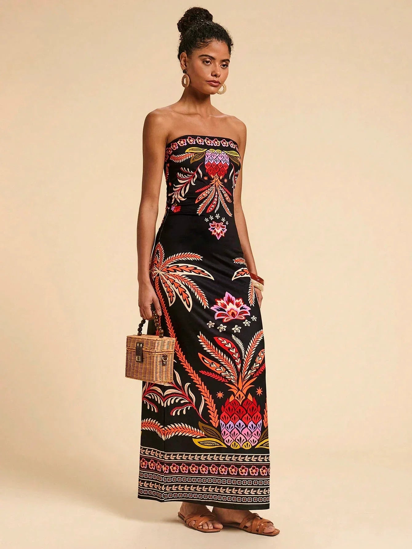 Vestido Feminino Bandeau Estampado Multicolorido Verão Praia Casual