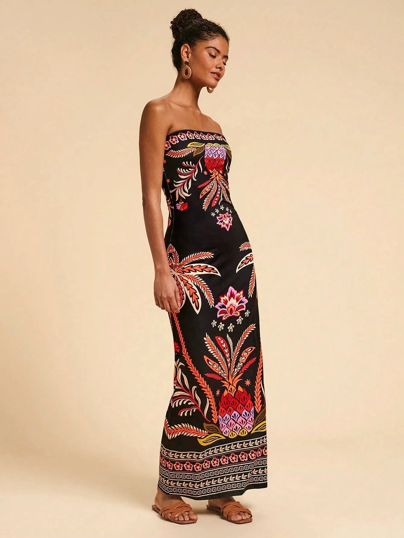 Vestido Feminino Bandeau Estampado Multicolorido Verão Praia Casual