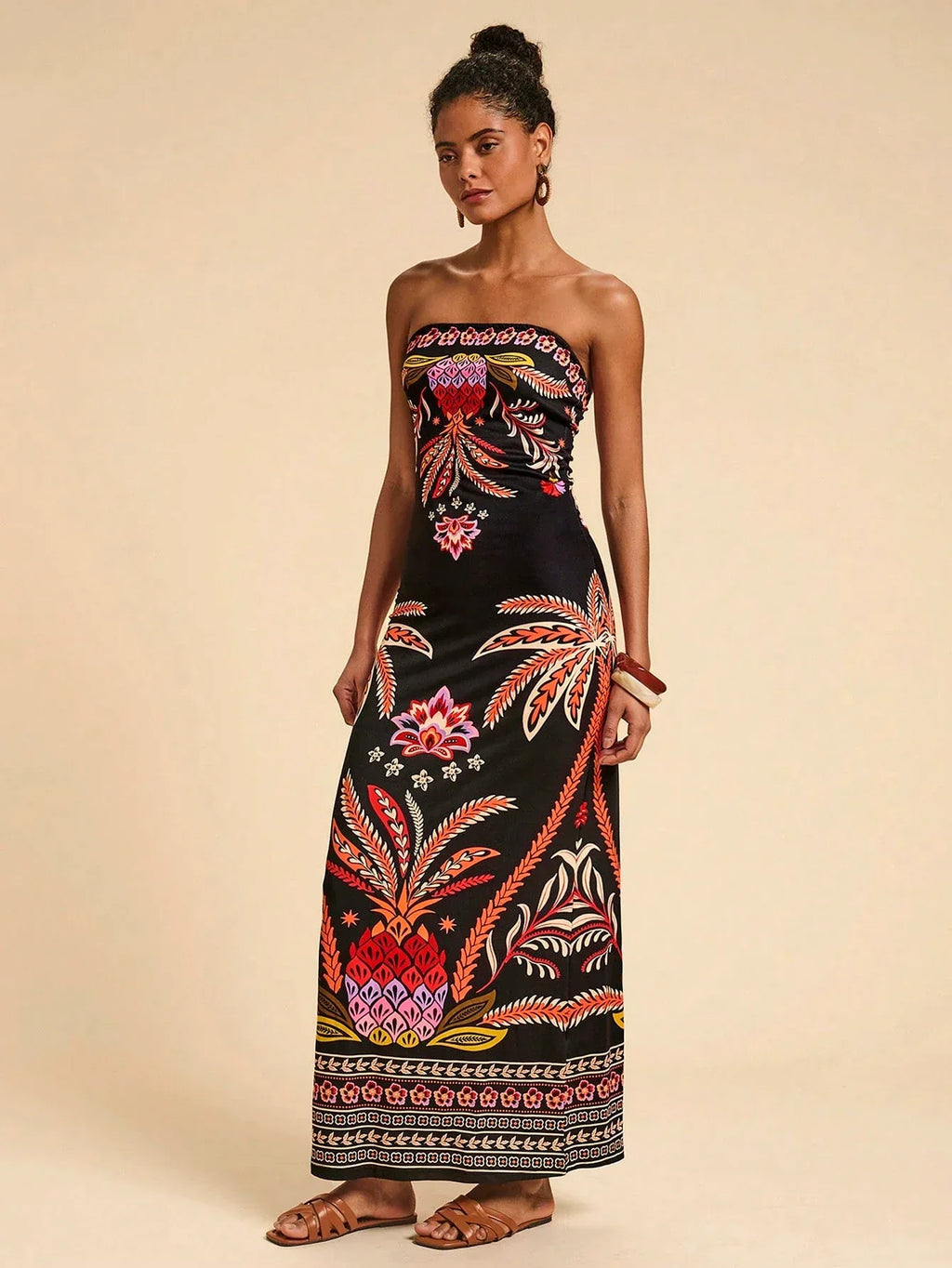 Vestido Feminino Bandeau Estampado Multicolorido Verão Praia Casual