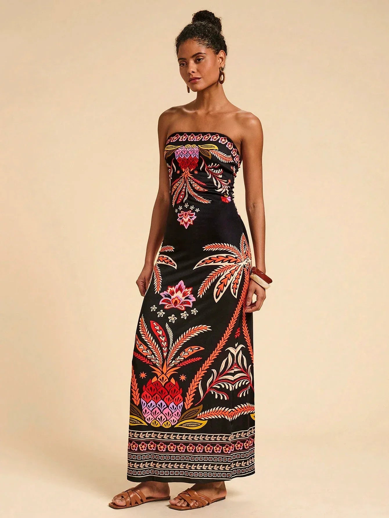 Vestido Feminino Bandeau Estampado Multicolorido Verão Praia Casual