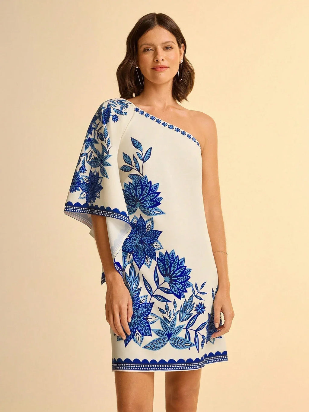 Vestido Feminino Midi Assimétrico Estampado Azul Casual Verão