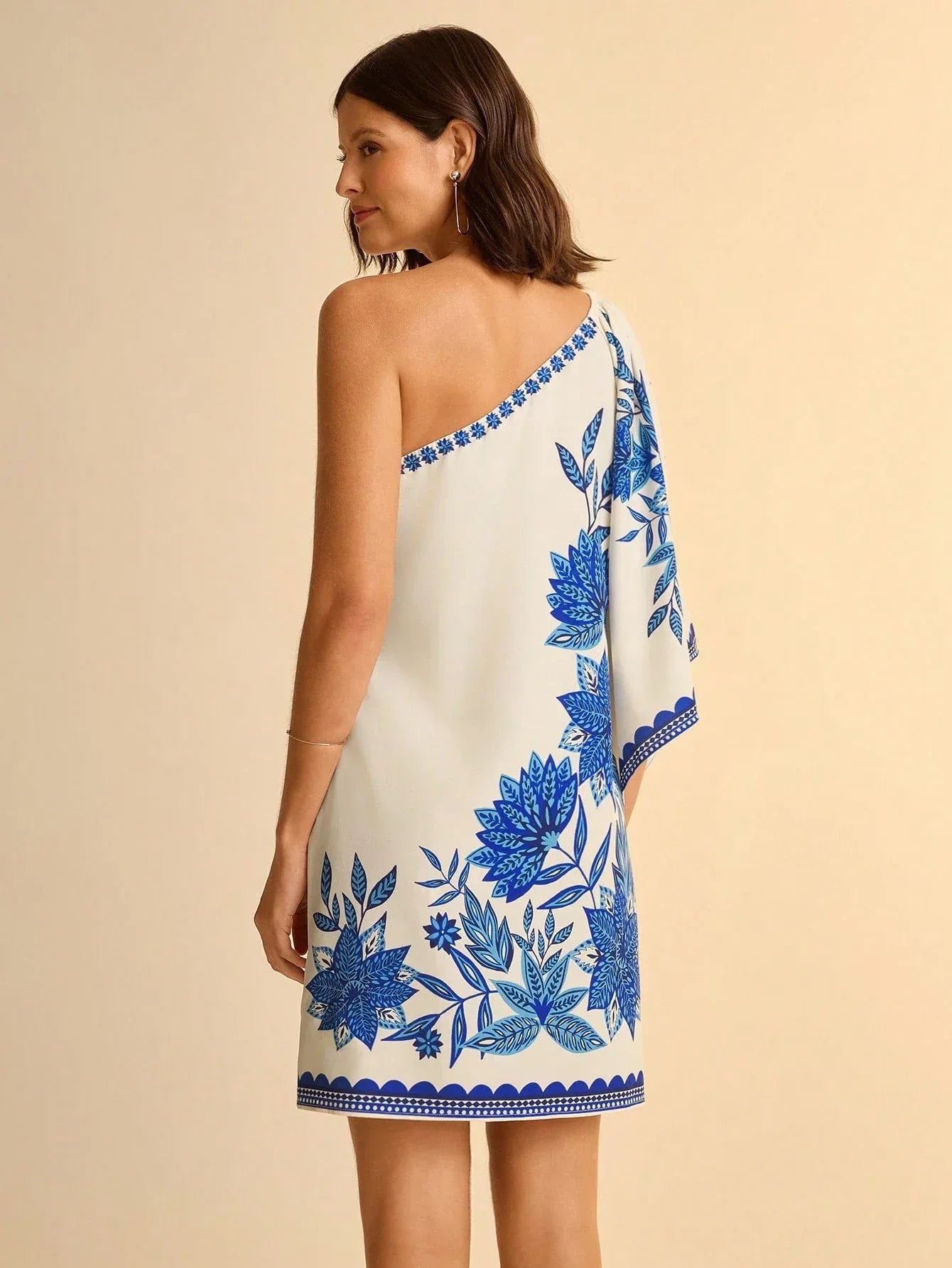 Vestido Feminino Midi Assimétrico Estampado Azul Casual Verão
