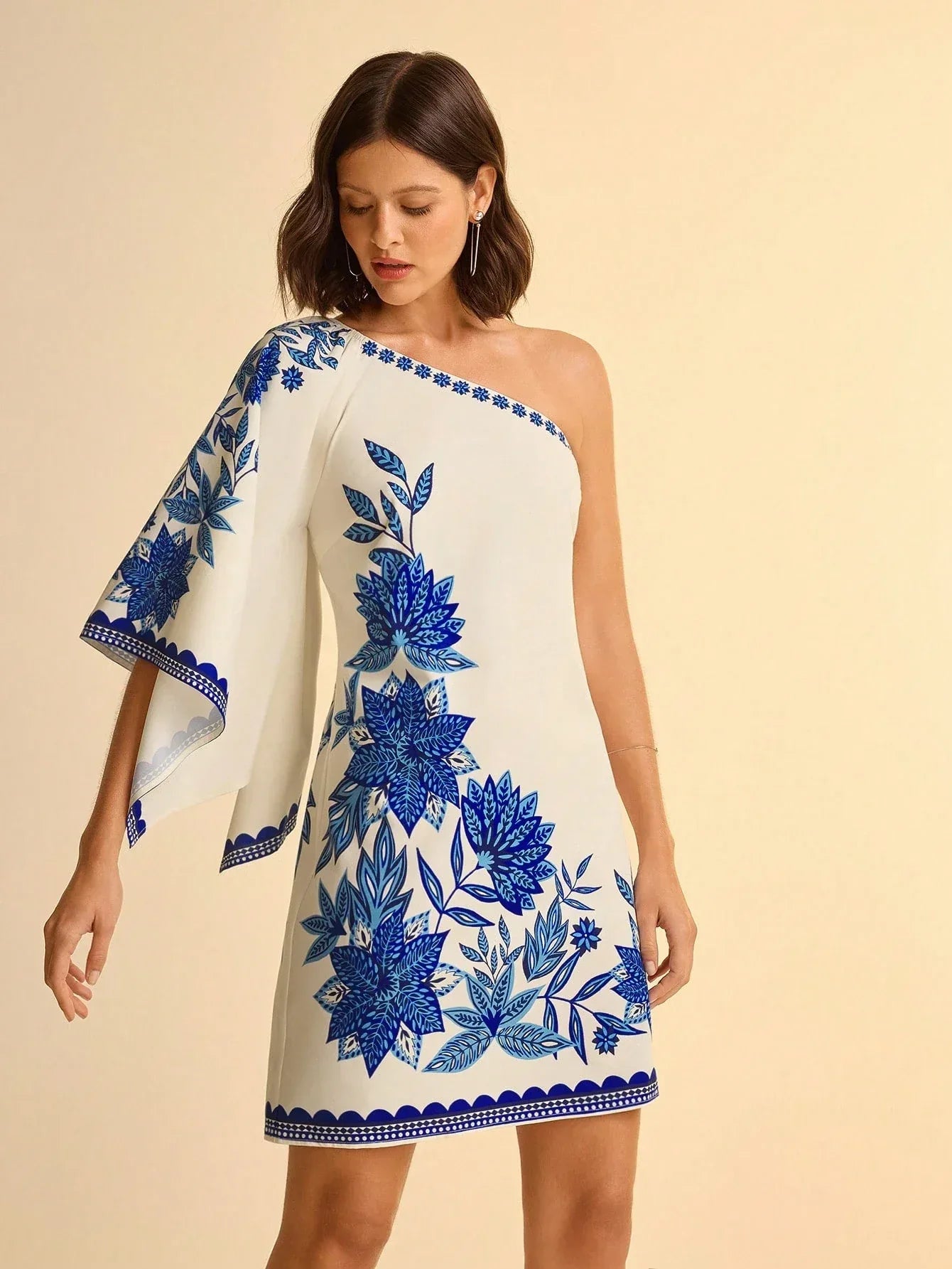 Vestido Feminino Midi Assimétrico Estampado Azul Casual Verão