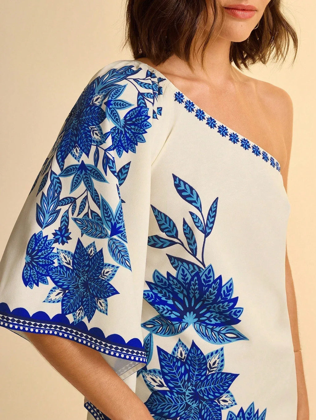 Vestido Feminino Midi Assimétrico Estampado Azul Casual Verão