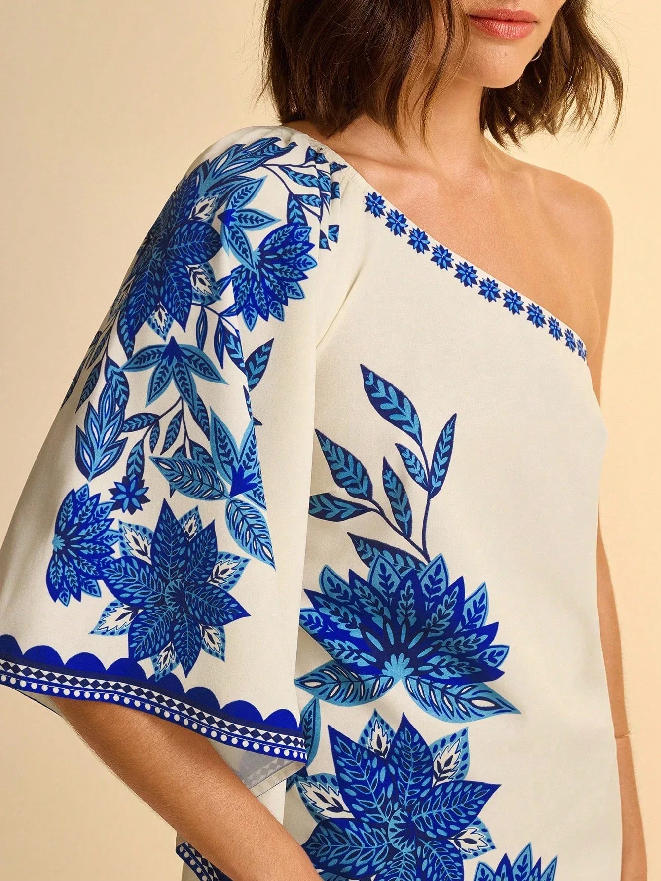 Vestido Feminino Midi Assimétrico Estampado Azul Casual Verão
