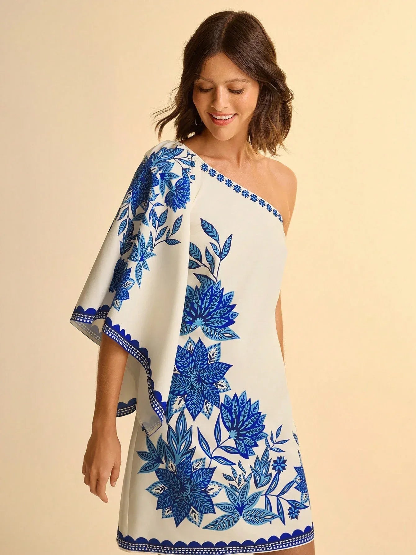 Vestido Feminino Midi Assimétrico Estampado Azul Casual Verão