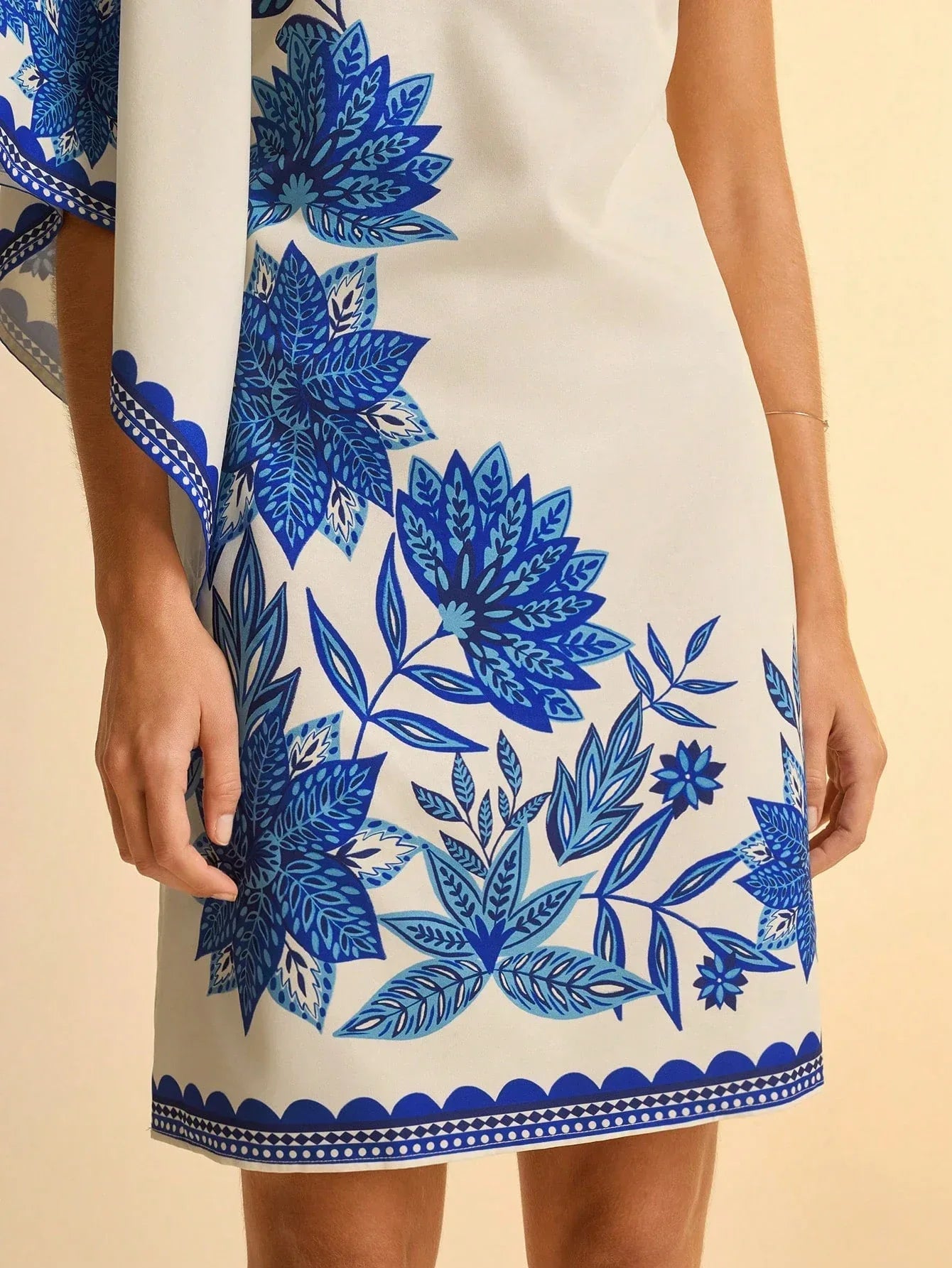 Vestido Feminino Midi Assimétrico Estampado Azul Casual Verão