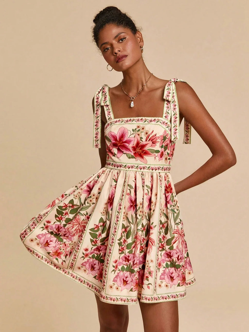 Vestido Feminino Floral Decote Quadrado Verão Praia Cintura Marcada