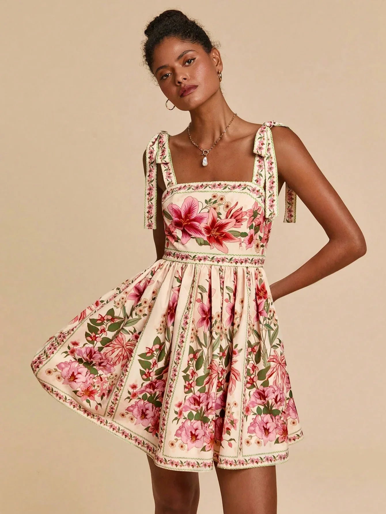 Vestido Feminino Floral Decote Quadrado Verão Praia Cintura Marcada