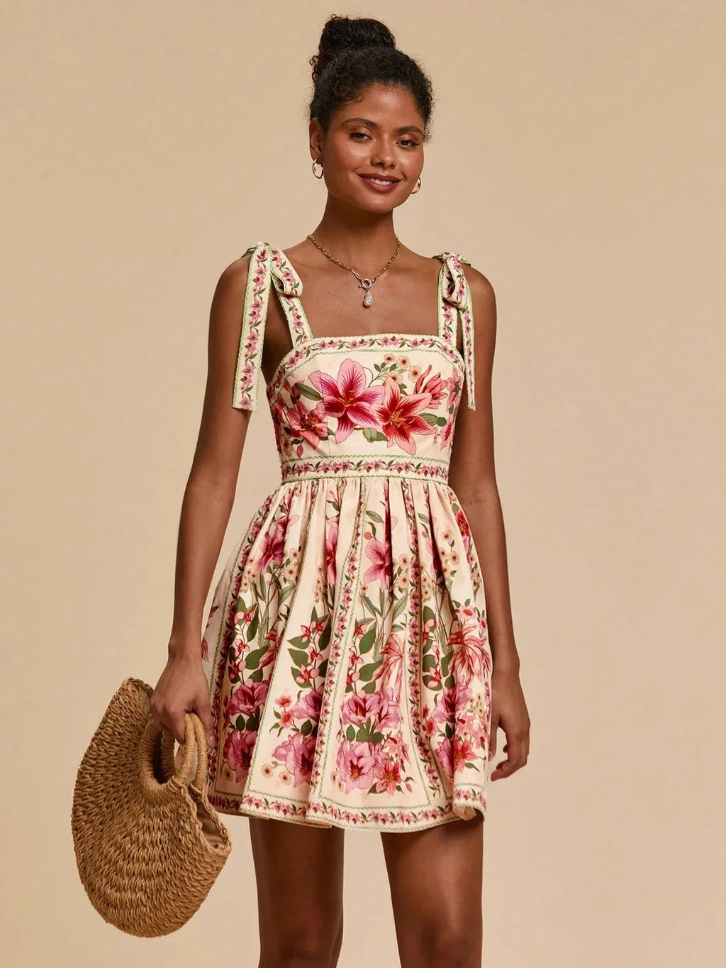 Vestido Feminino Floral Decote Quadrado Verão Praia Cintura Marcada