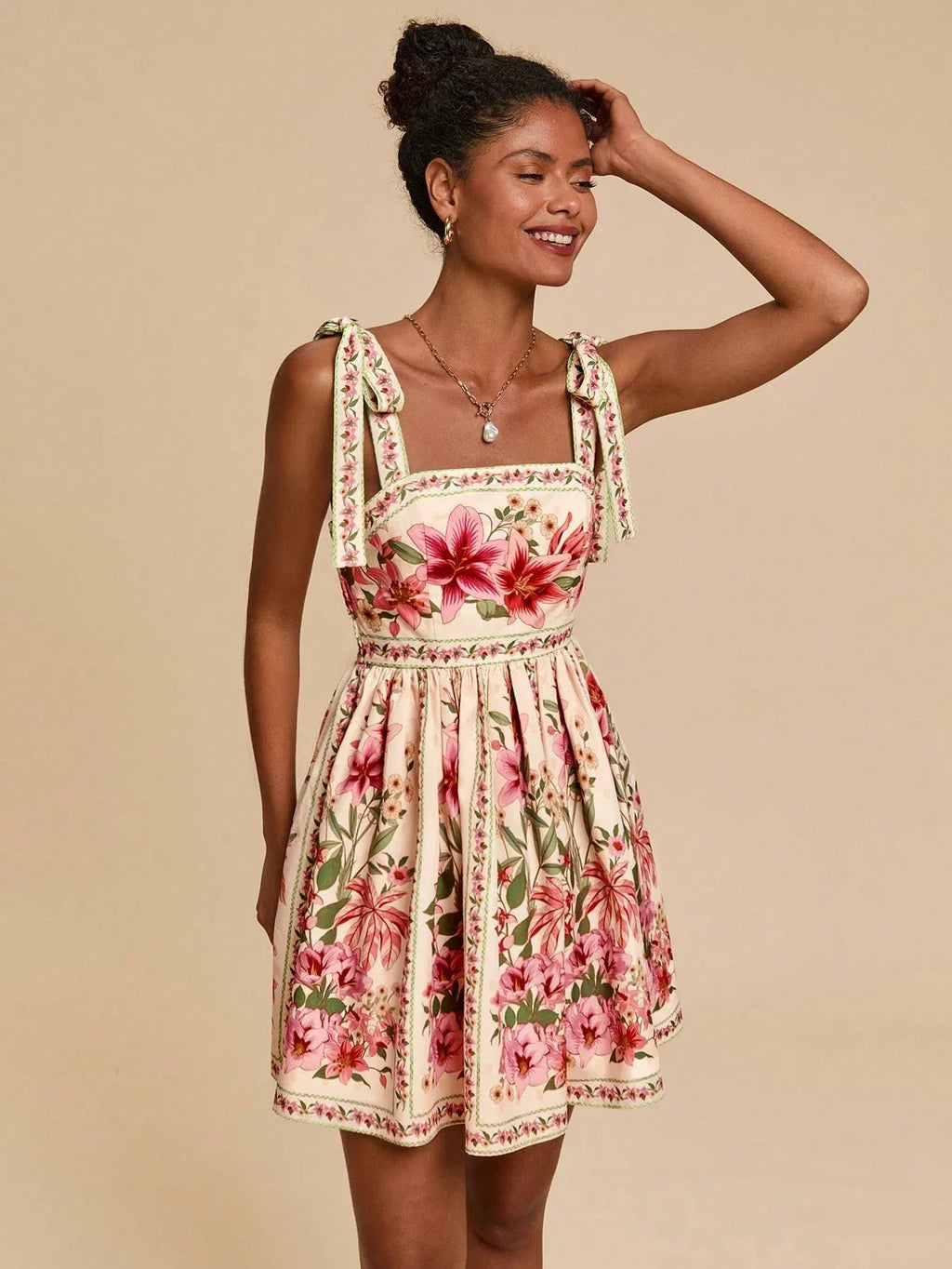Vestido Feminino Floral Decote Quadrado Verão Praia Cintura Marcada